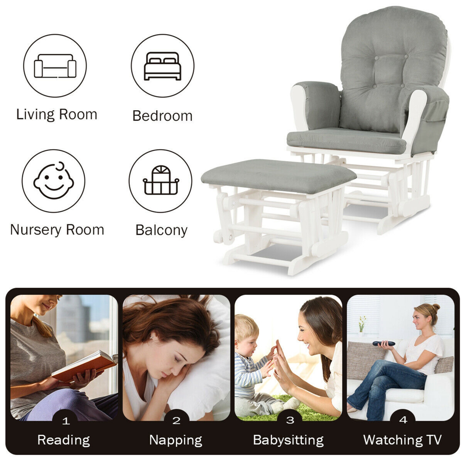 Gymax Glider and Ottoman Cushion Set Wood Baby Nursery Rocking Chair