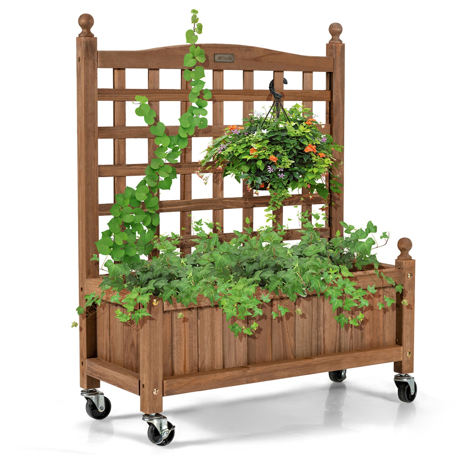 Gymax 32in Wood Planter Box w/Trellis Mobile Raised Bed for Climbing Plant