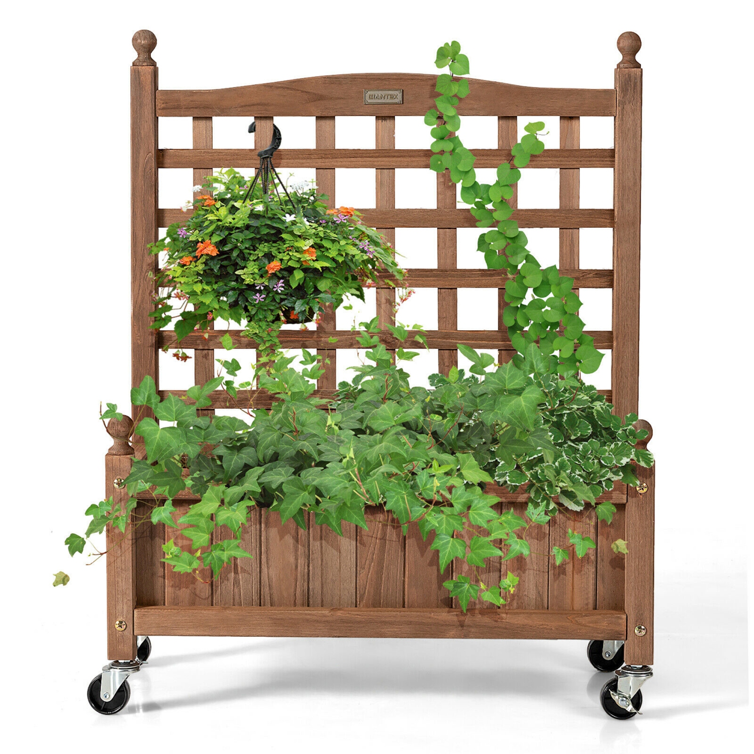 Gymax 32in Wood Planter Box w/Trellis Mobile Raised Bed for Climbing Plant