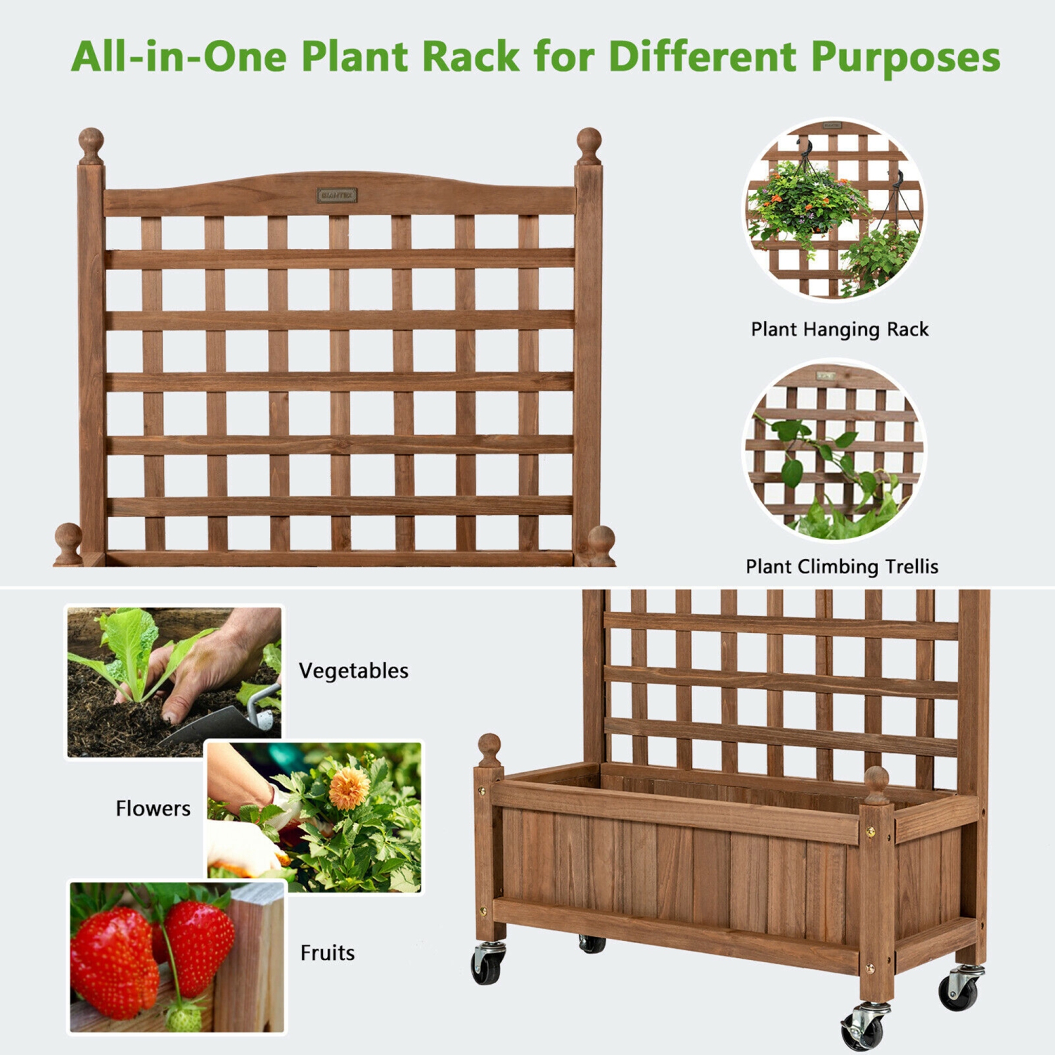 Gymax 2PC 32in Wood Planter Box w/Trellis Mobile Raised Bed for Climbing Plant