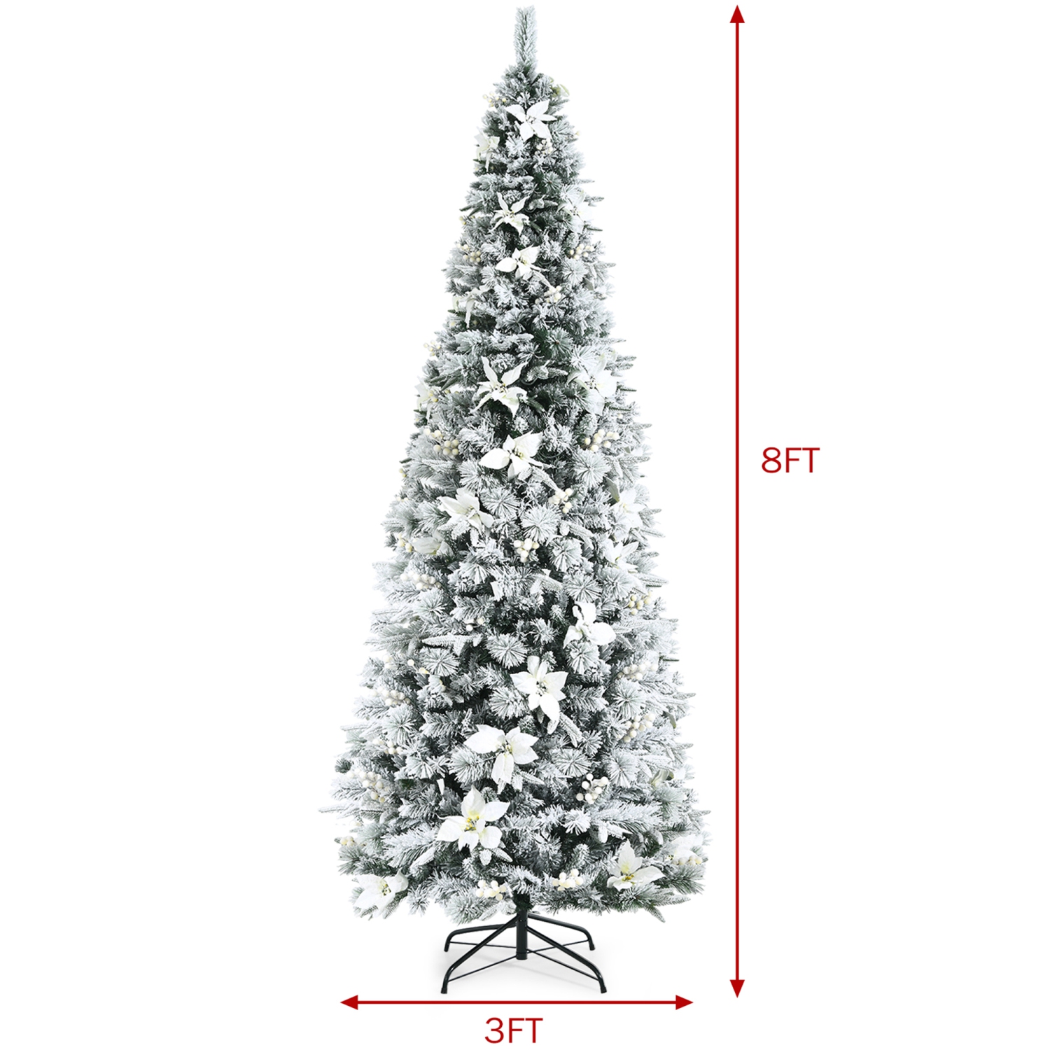 Gymax 8 FT Artificial Snow Flocked Pencil Christmas Tree w/ White Berries & Flowers