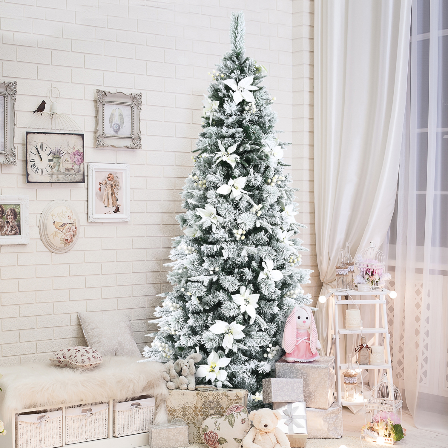 Sapin de Noël artificiel et longiligne 213 cm avec neige, baies et fleurs blanches, Gymax
