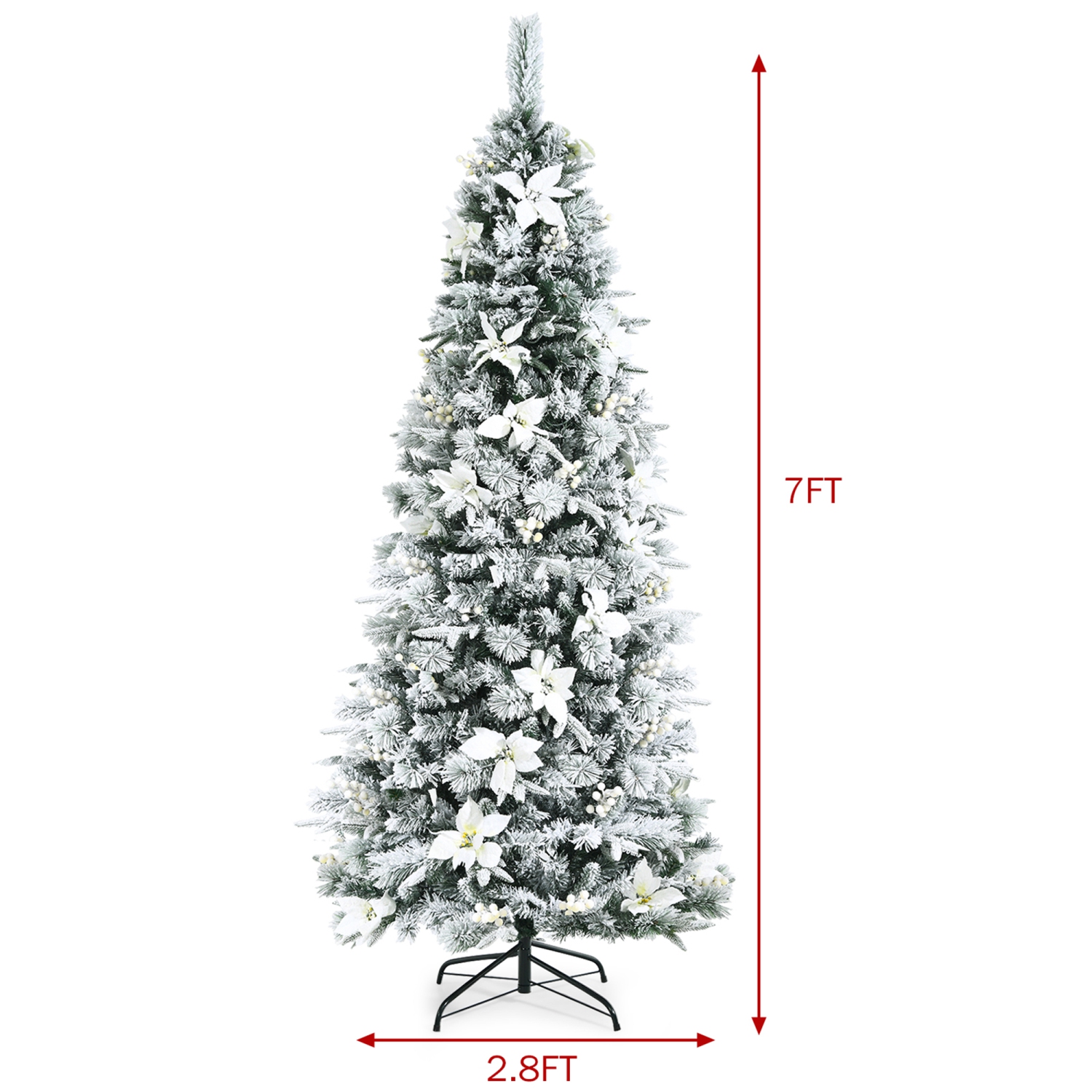 Sapin de Noël artificiel et longiligne 213 cm avec neige, baies et fleurs blanches, Gymax