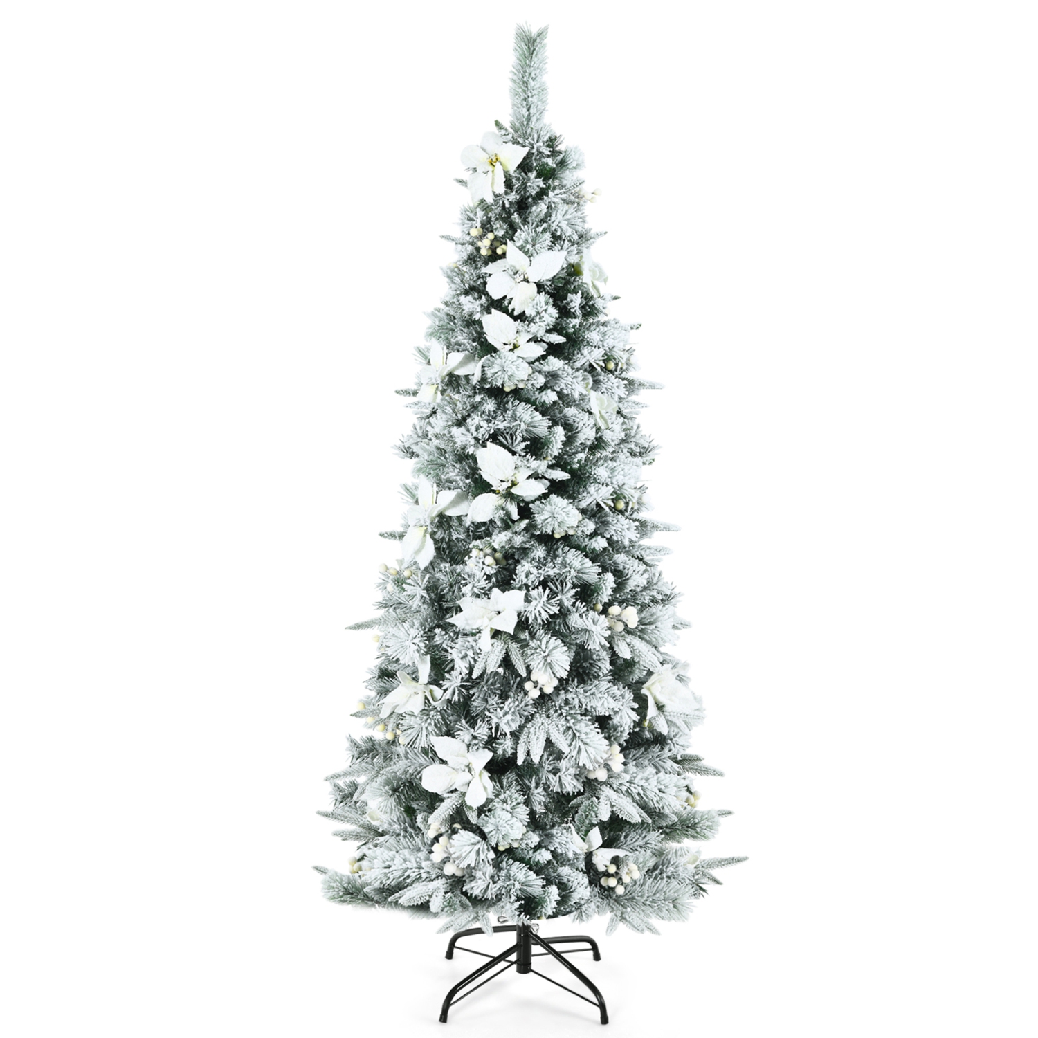 Sapin de Noël artificiel et longiligne 213 cm avec neige, baies et fleurs blanches, Gymax