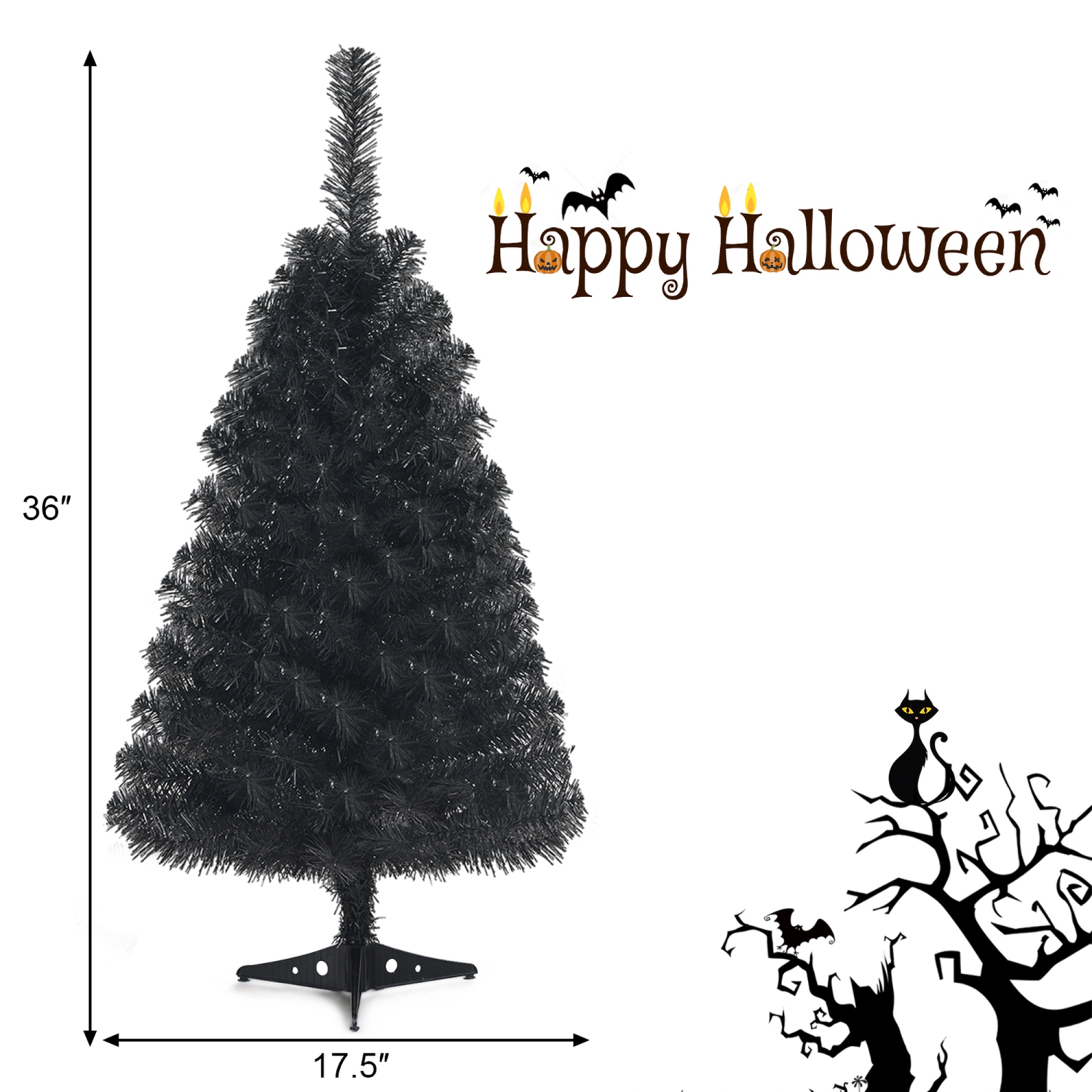 Gymax 3 Ft Un-lit Black Halloween Tree Artificial Tabletop Christmas Tree