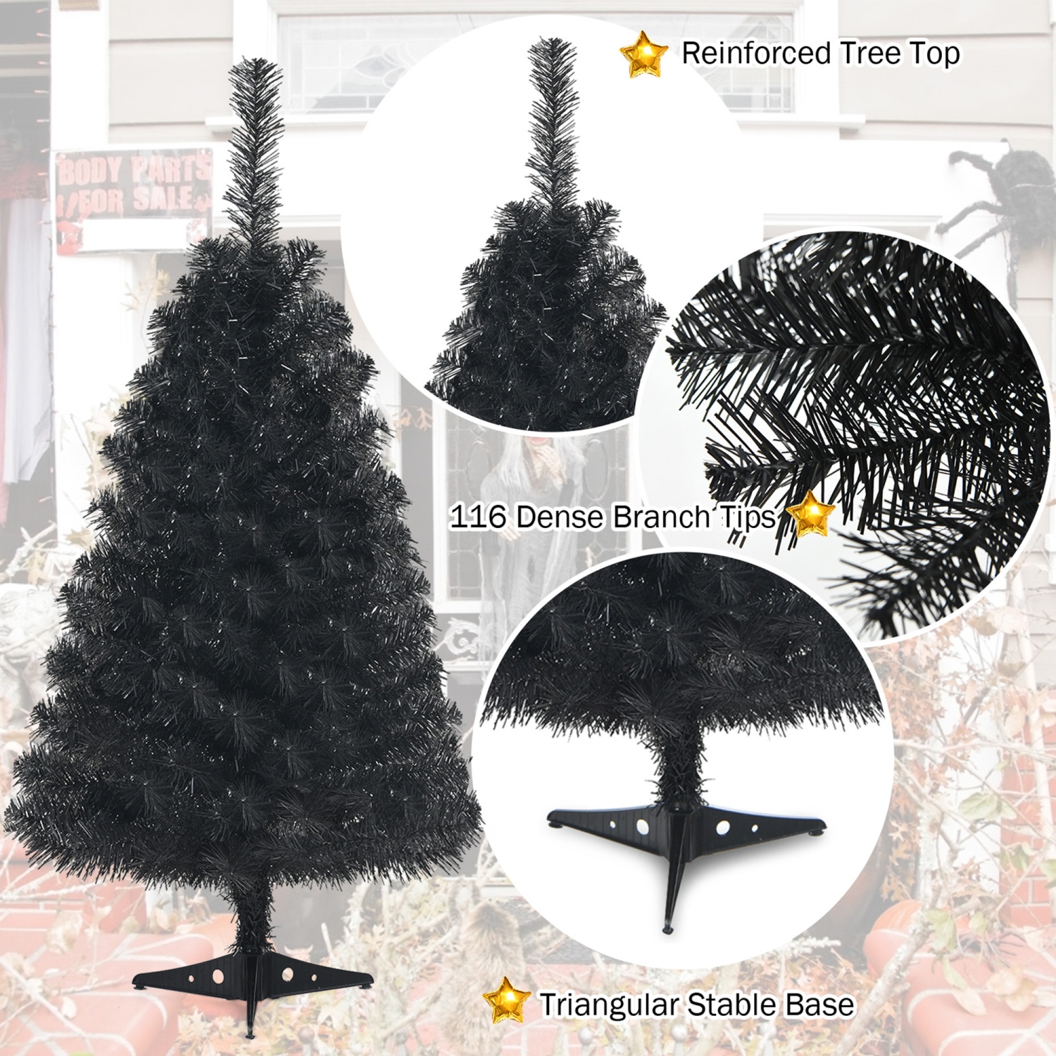 Gymax 3 Ft Un-lit Black Halloween Tree Artificial Tabletop Christmas Tree
