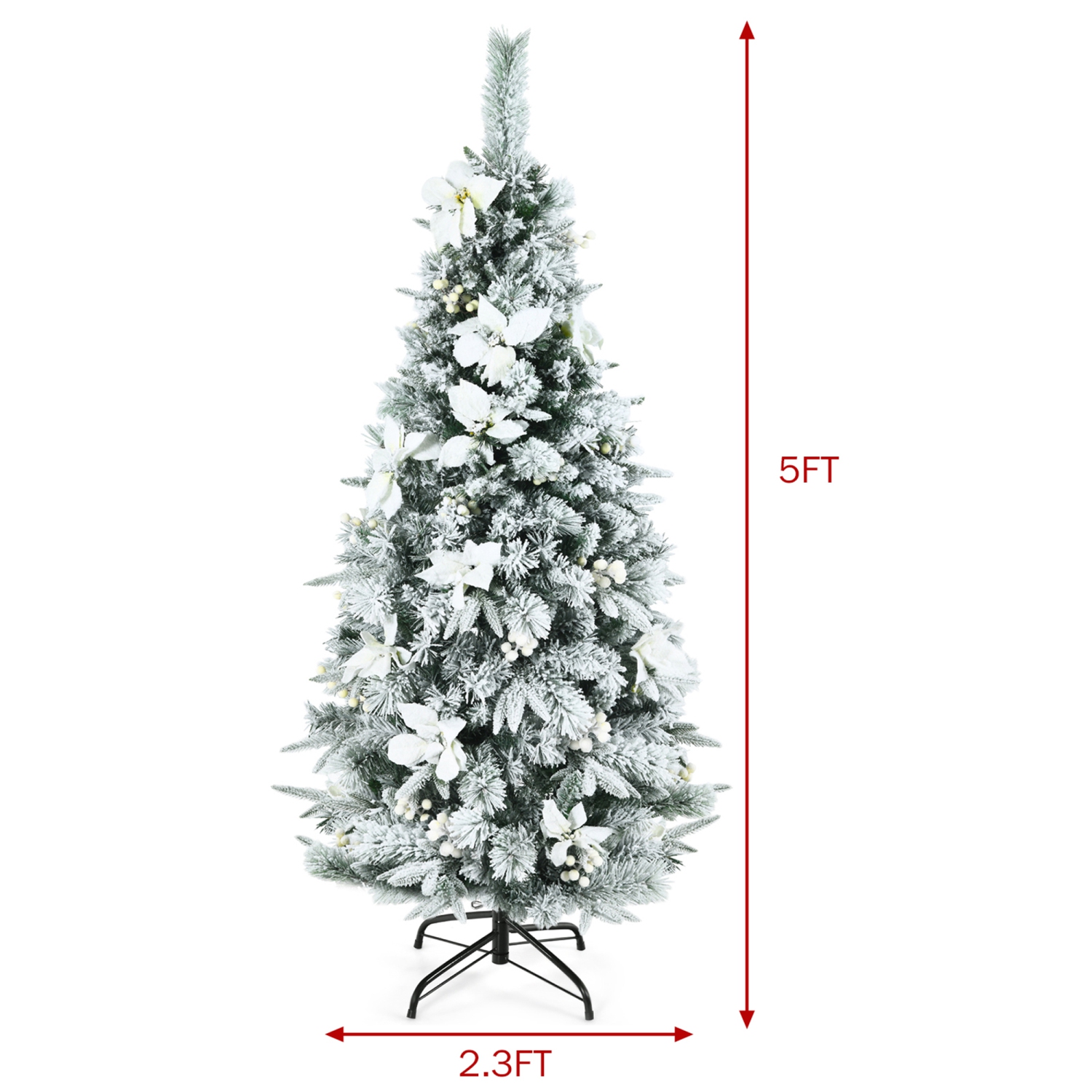 Sapin de Noël artificiel et longiligne 152 cm avec neige, baies et fleurs  blanches, Gymax