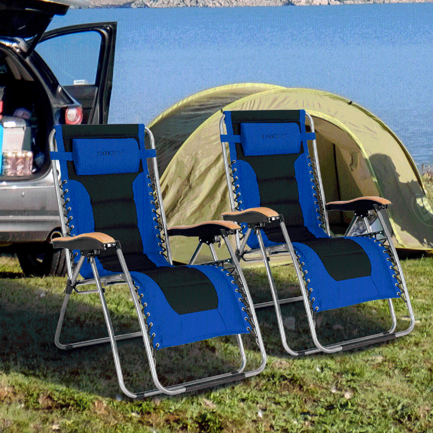 Gymax 2PCS Folding Chair Padded Lounge Chair w/ Beech Armrests