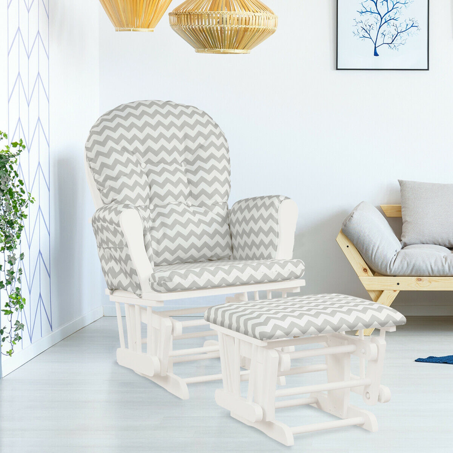 Gymax Glider and Ottoman Cushion Set Wood Baby Nursery Rocking Chair