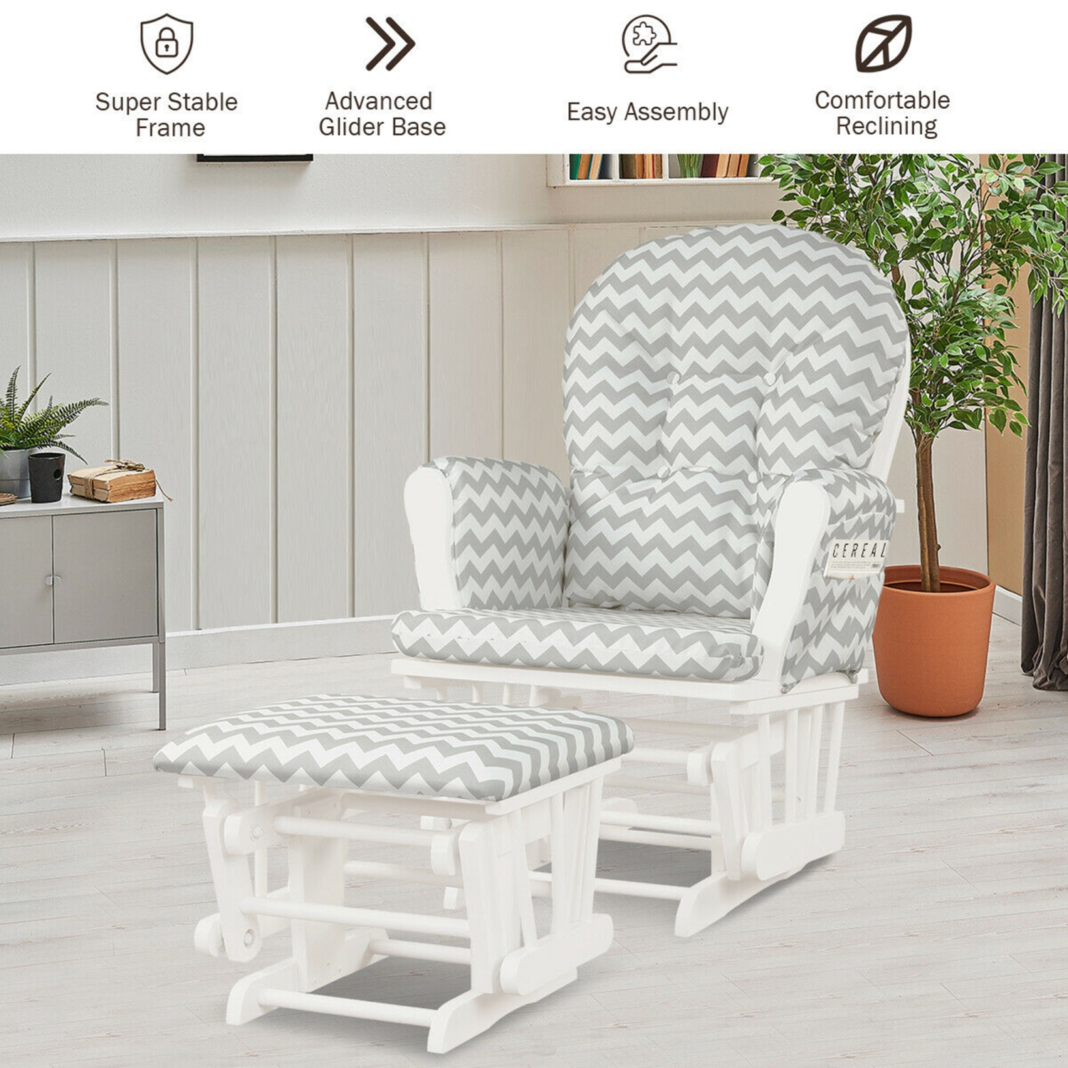 Gymax Glider and Ottoman Cushion Set Wood Baby Nursery Rocking Chair