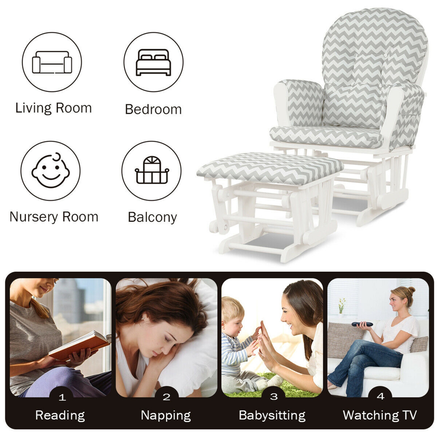 Gymax Glider and Ottoman Cushion Set Wood Baby Nursery Rocking Chair