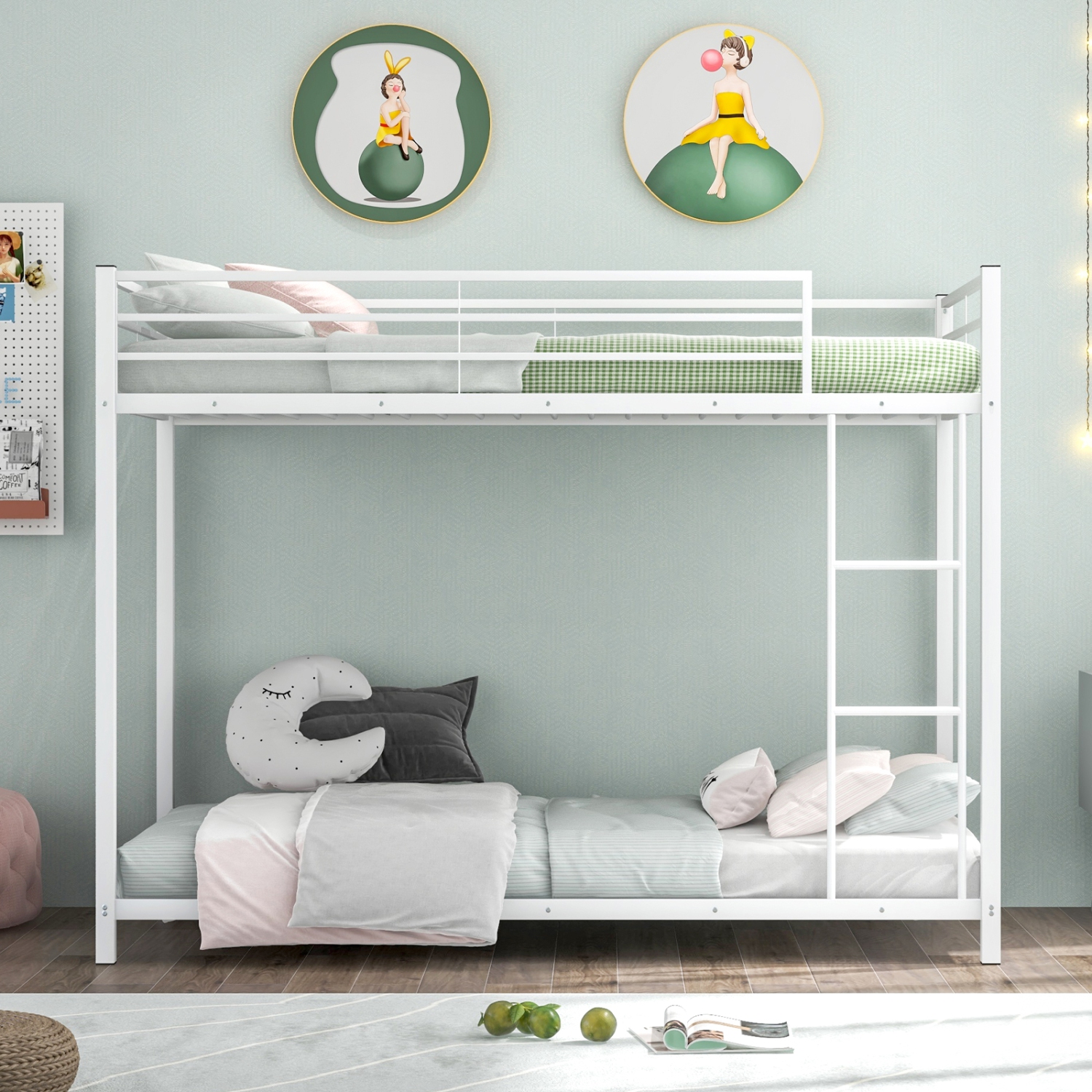 Gymax Twin Over Twin Bunk Bed Frame Platform W/Guard Rails & Side Ladder White