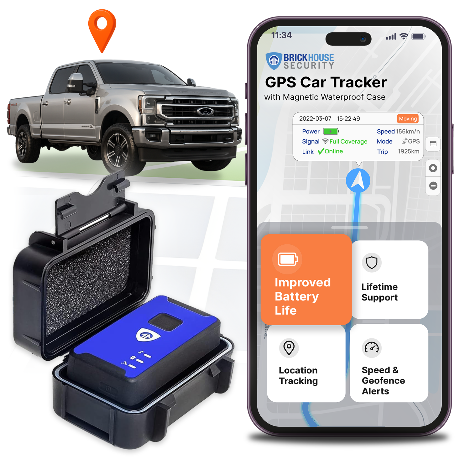 Brickhouse GPS Tracker for Vehicles - Spark Nano 7 Car Tracker Device w/Magnetic Waterproof Case - Hidden Real-Time 4G LTE Vehicle Finder for Kids