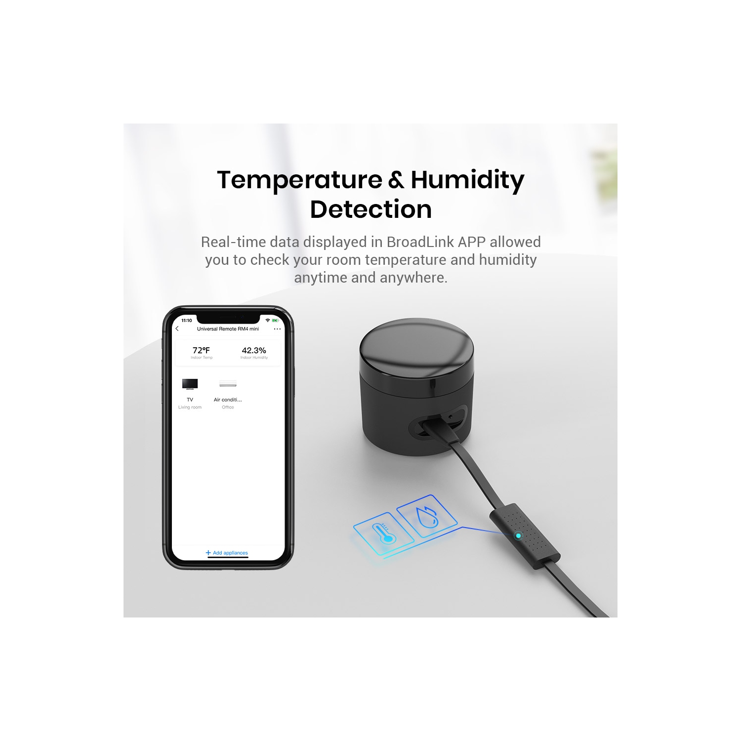 BroadLink RM4 mini Smart Remote and Sensor Cable Set, Universal IR Remote Control Hub with Temperature Humidity Monitor USB Cable, Works with Alexa,