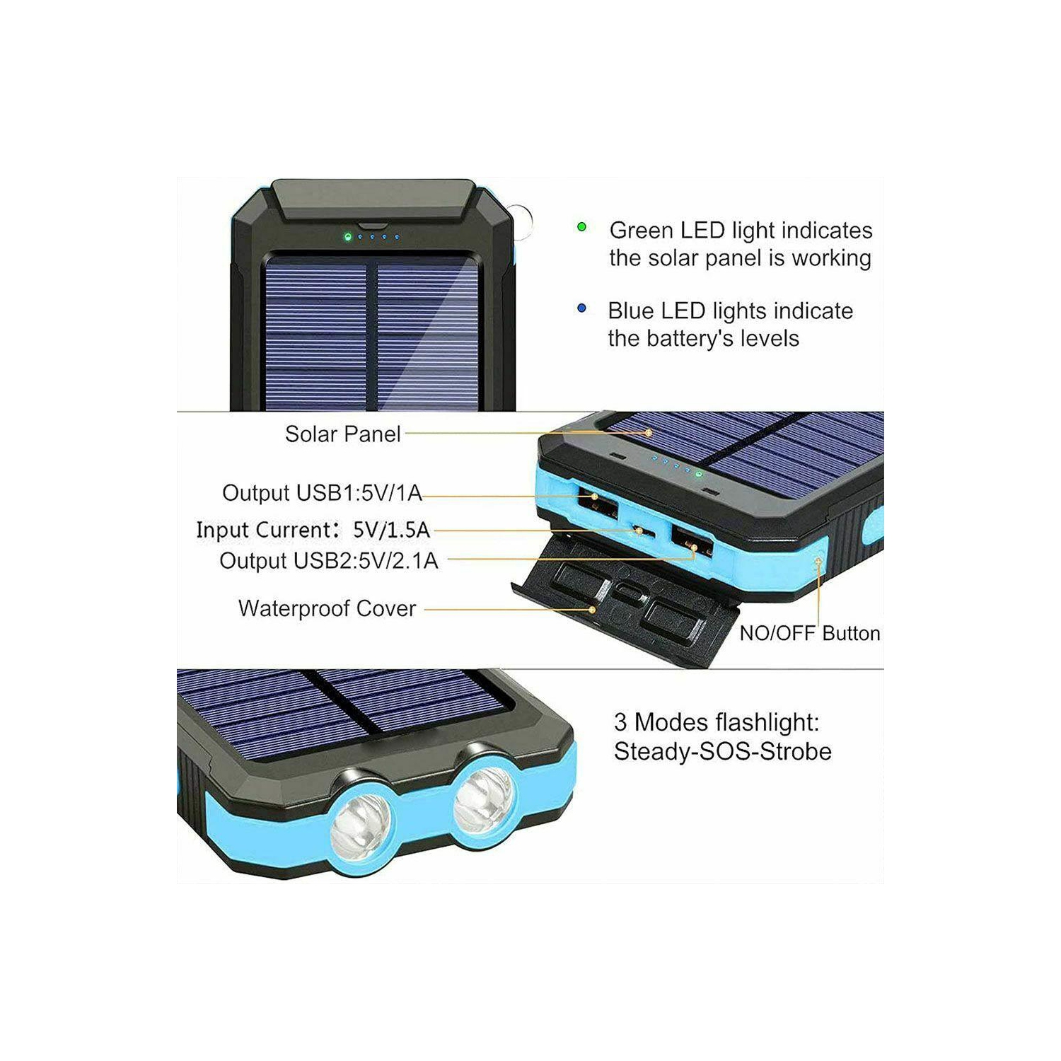Solar Power Bank 20000mAh Charger External Battery Waterproof for mobile phones