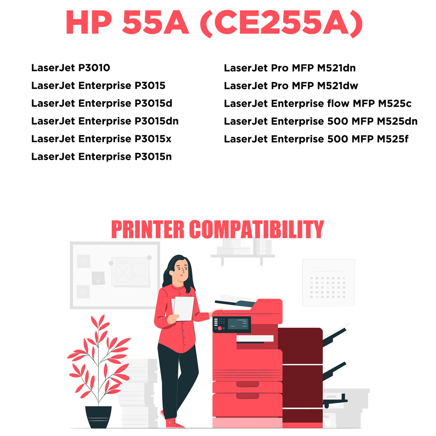 Printer Pro™ Compatible Replacement for 12 Pack HP 55A/hp55a/ce255a/55a Black Toner Cartridge for HP Printer LaserJet Enterprise MFP M525 P3015 M521