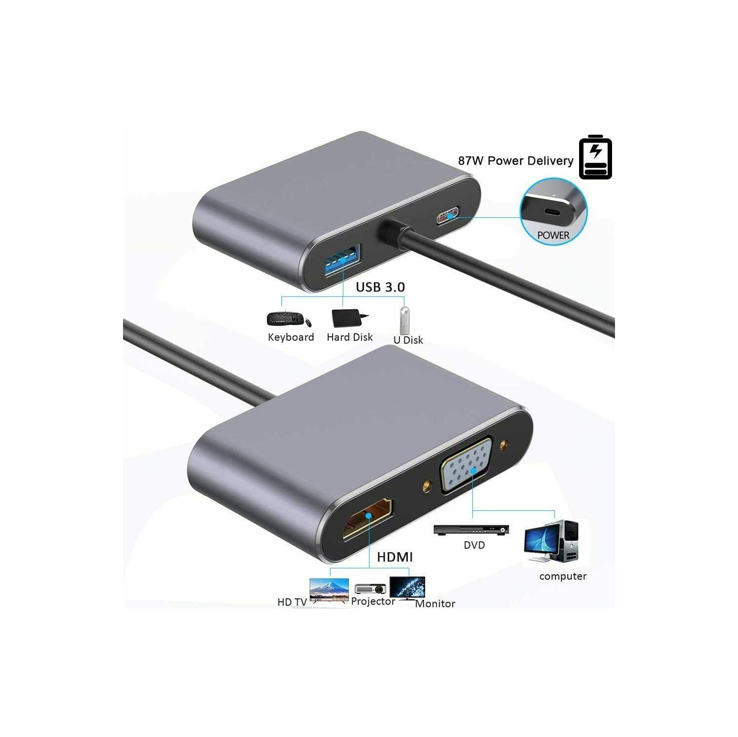 4-in-1 USB C to 4K HDMI VGA Adapter OTG 3.0 HUB PD Charging for MecBook,Pad,Dell