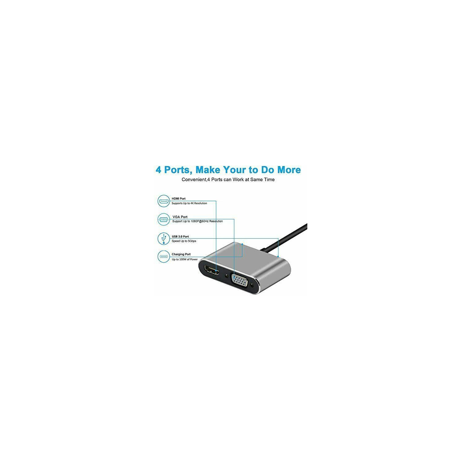 4-in-1 USB C to 4K HDMI VGA Adapter OTG 3.0 HUB PD Charging for MecBook,Pad,Dell