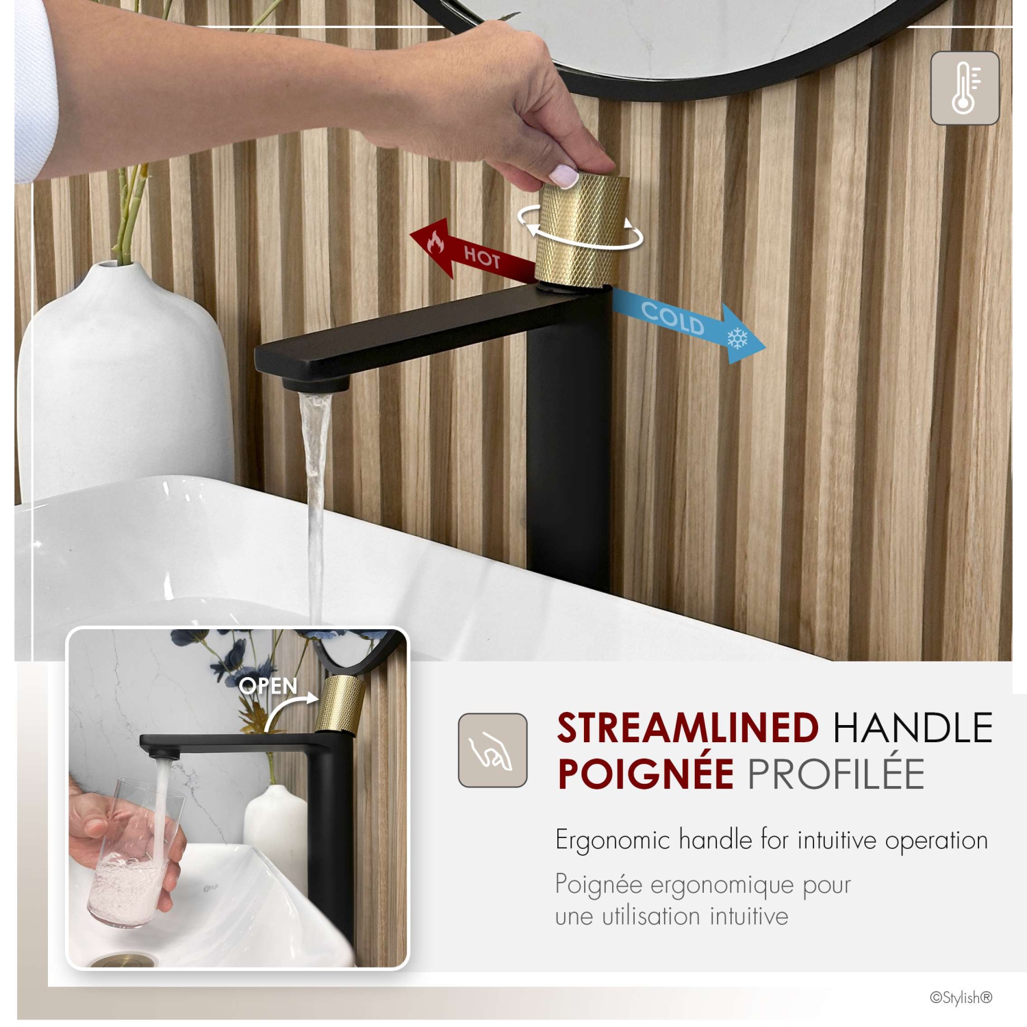 Robinet de salle de bain Nessa 12 1/2&nbsp;po, poignée simple, noir mat, cuve dorée, B-122