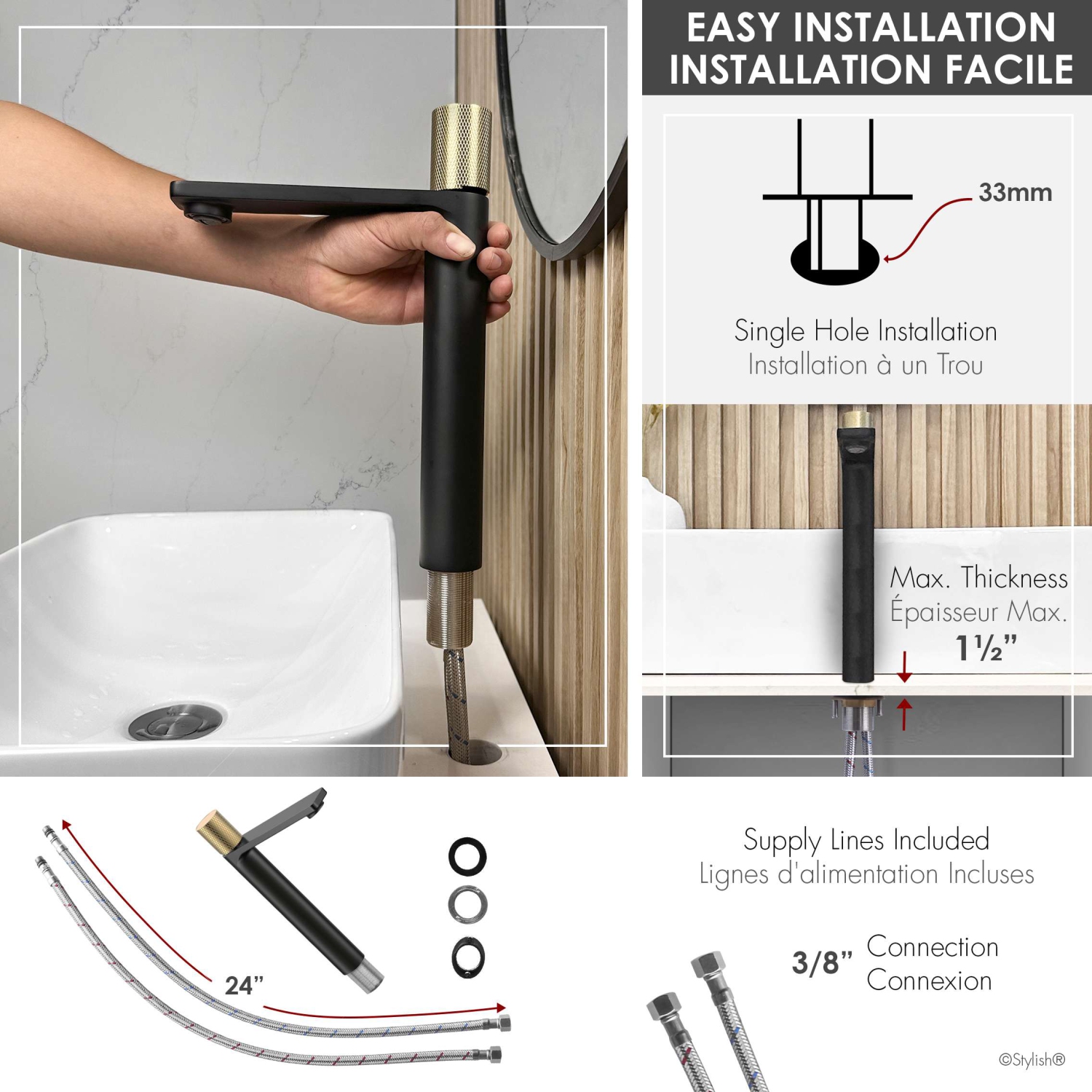 Robinet de salle de bain Nessa 12 1/2&nbsp;po, poignée simple, noir mat, cuve dorée, B-122