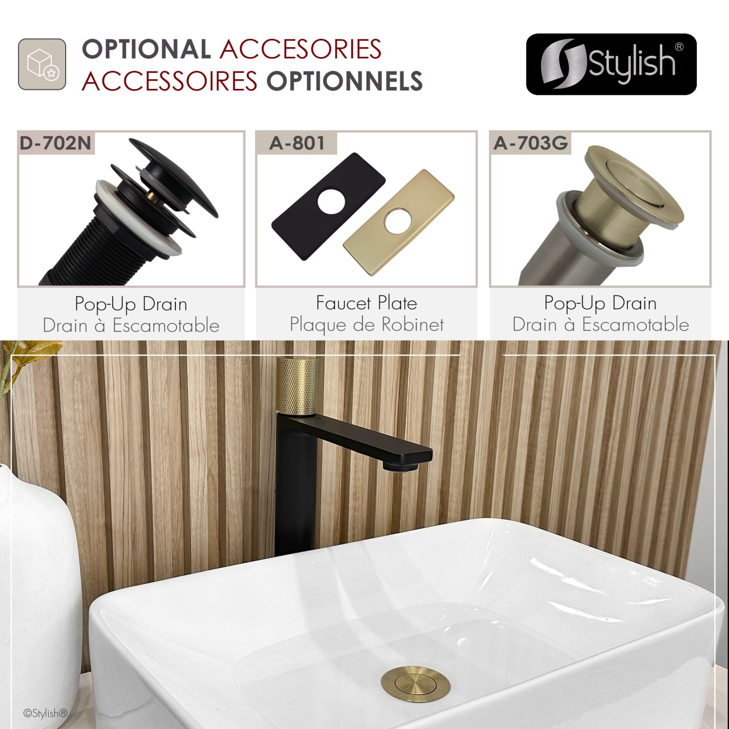 Robinet de salle de bain Nessa 12 1/2&nbsp;po, poignée simple, noir mat, cuve dorée, B-122