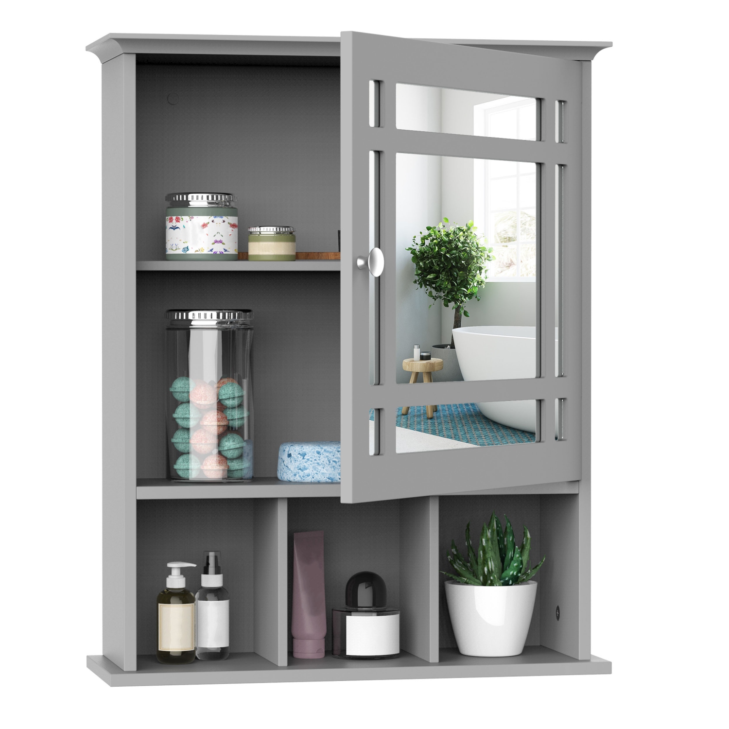 Armoire miroir de salle de bain kleankin, armoire à pharmacie murale, organisateur à 3 tablettes pour cuisine, gris