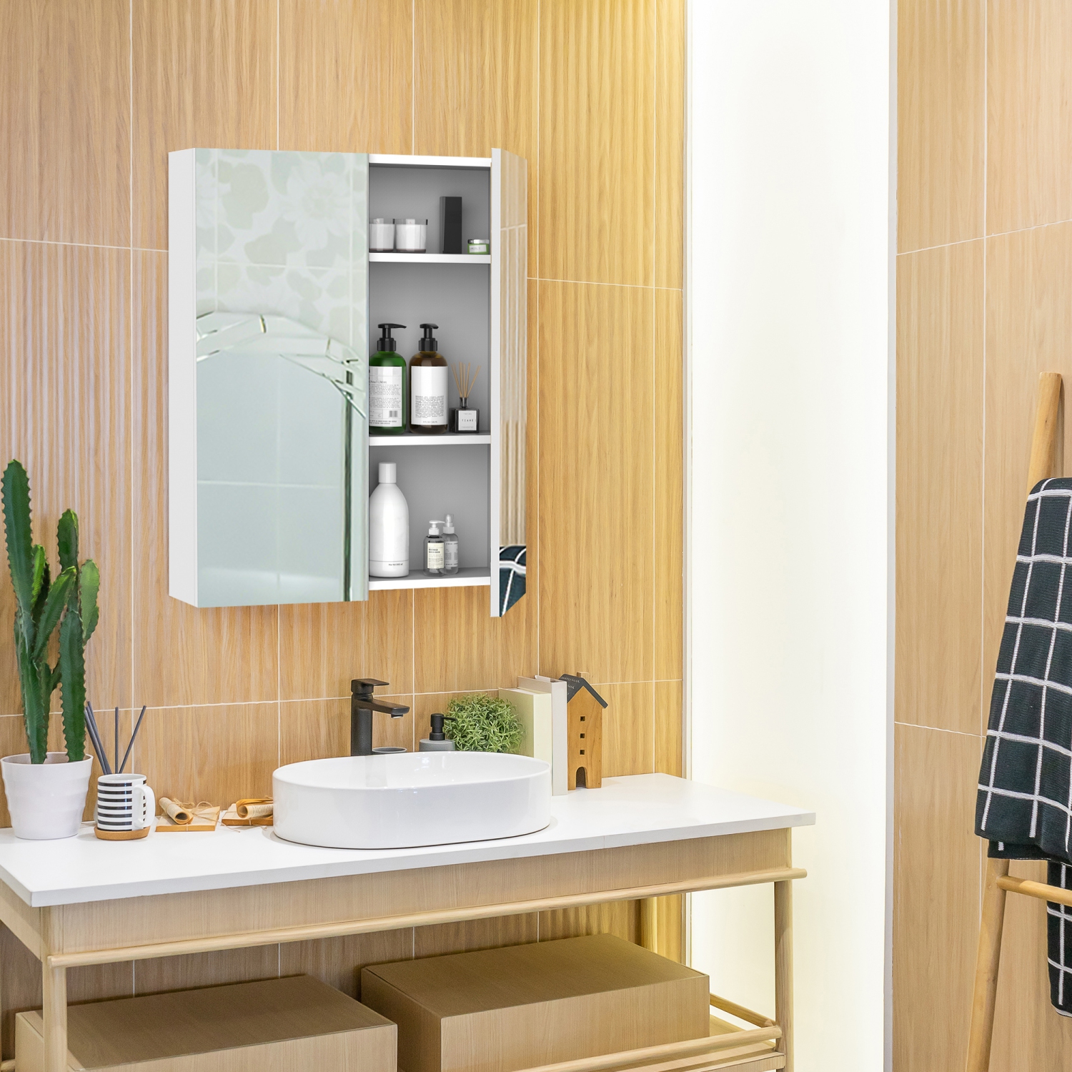 HOMCOM Wall Mount Medicine Cabinet with Mirror, Bathroom Mirror Cabinet Storage Organizer with Adjustable Shelf, Double Door Cupboard, Soft Closing,