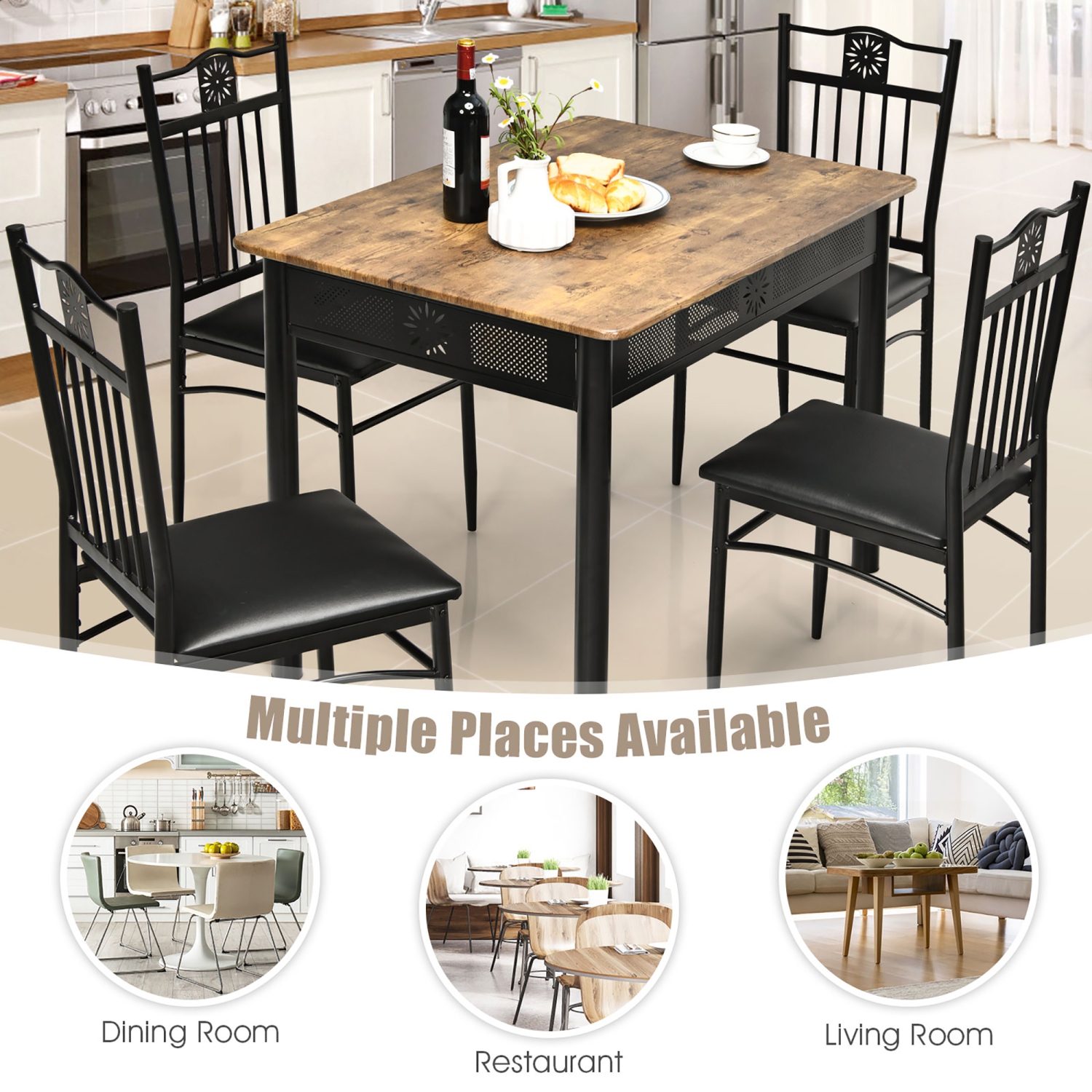 Costway 5PCS Dining Set Metal Table & 4 Chairs Kitchen Breakfast Furniture Black