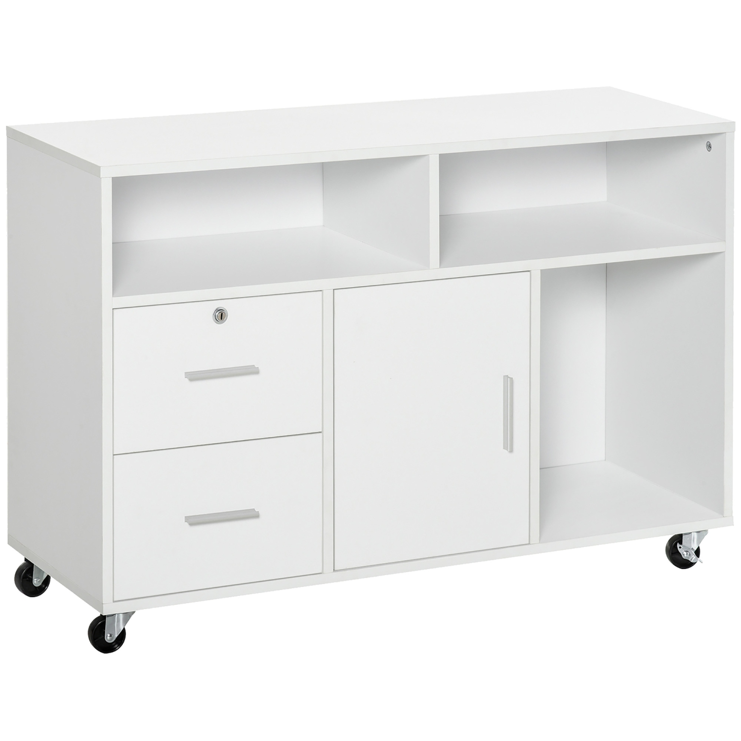 HOMCOM Lateral Filing Cabinet, Printer Stand Home Office Mobile File Cabinet with Wheels, Lockable Drawer, White