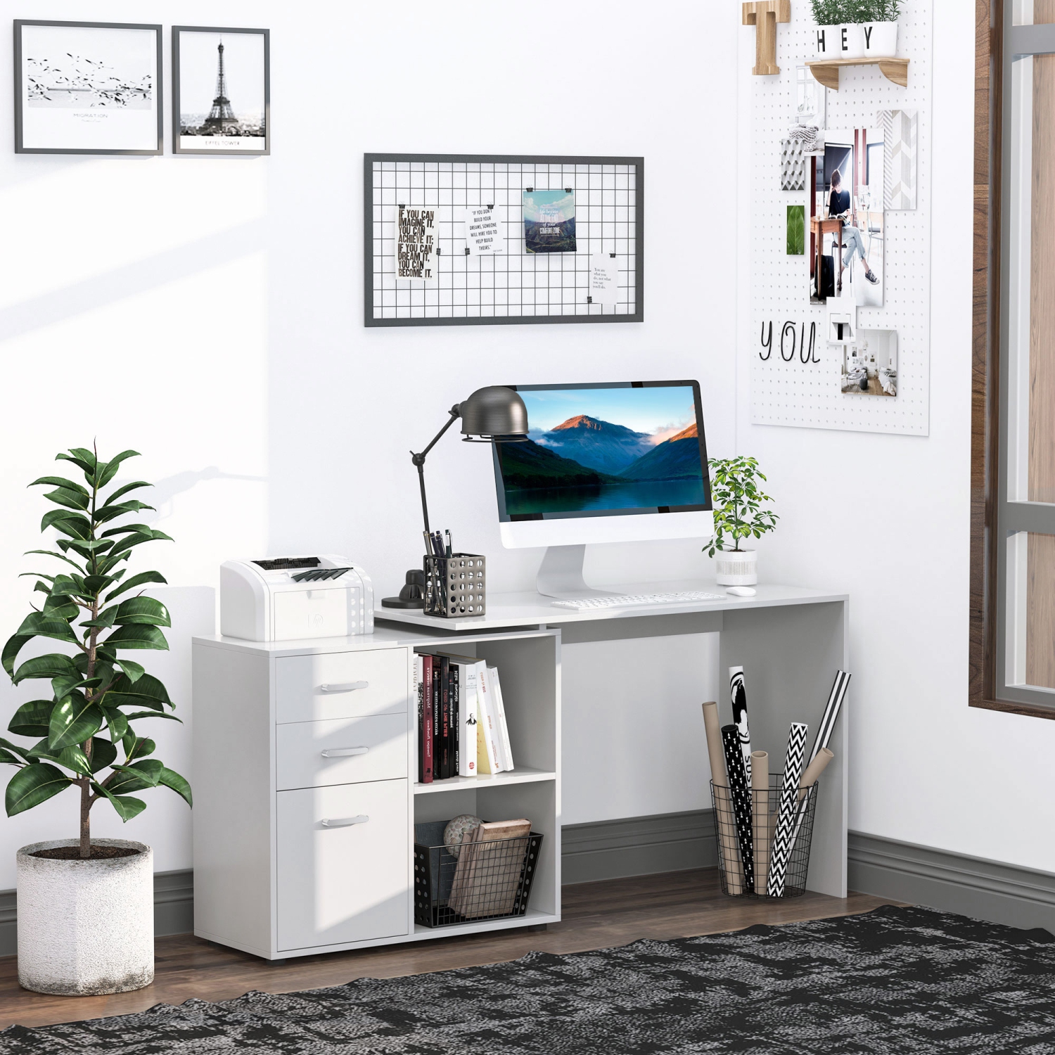 HOMCOM 46" L Shaped Desk with Drawers, Computer Corner Desk with Storage Shelf, PC Table Home Office Workstation, White