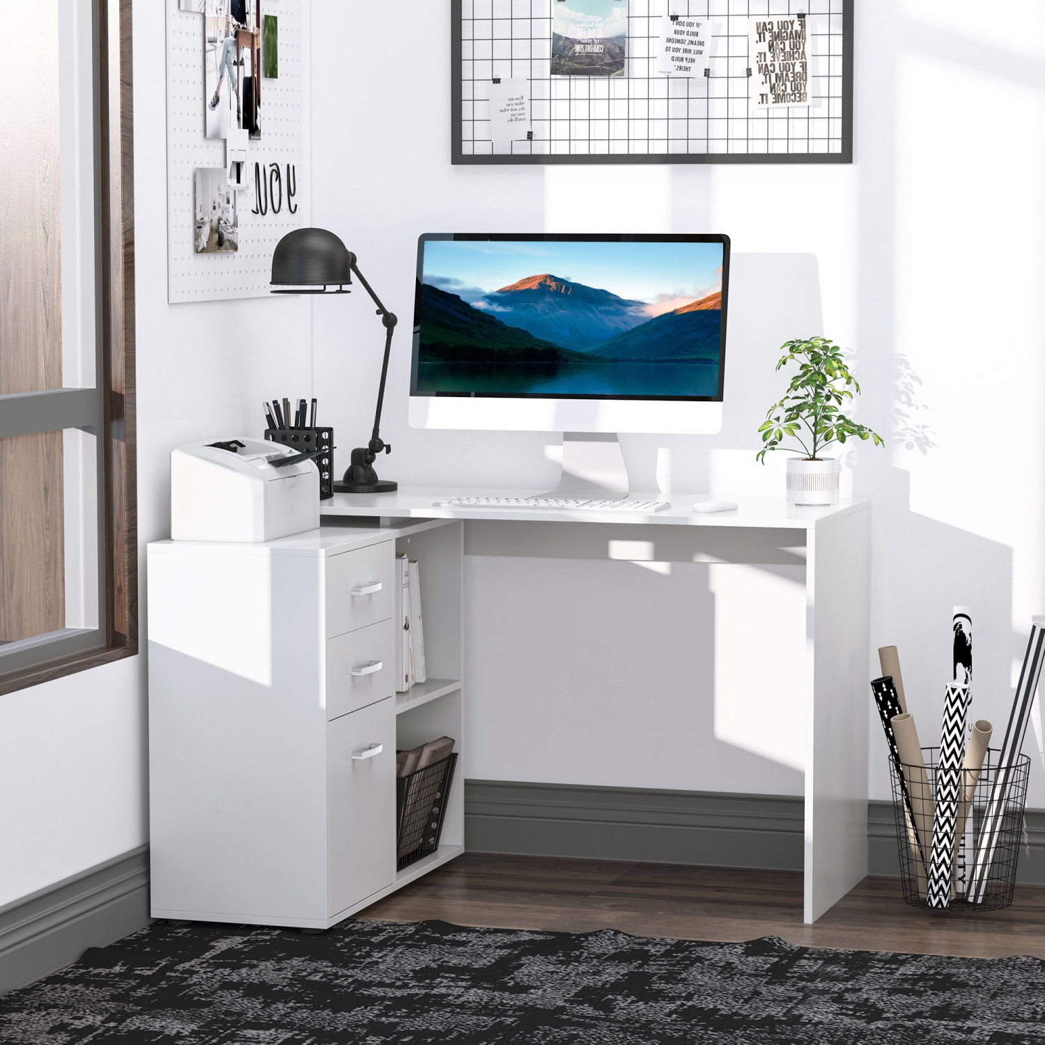 HOMCOM 46" L Shaped Desk with Drawers, Computer Corner Desk with Storage Shelf, PC Table Home Office Workstation, White