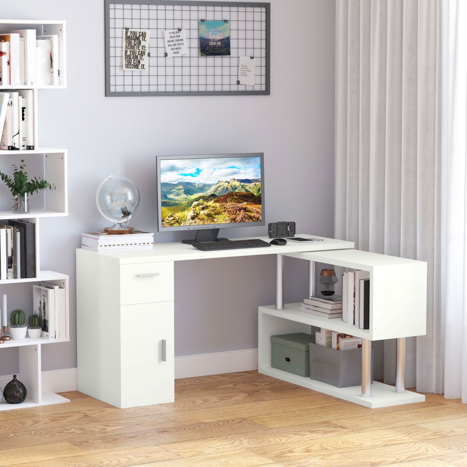 HOMCOM 55" L Shaped Computer Desk, Rotating Home Office Corner Desk, Study Workstation with Storage Shelves, Cabinet and Drawer for Small Space, White
