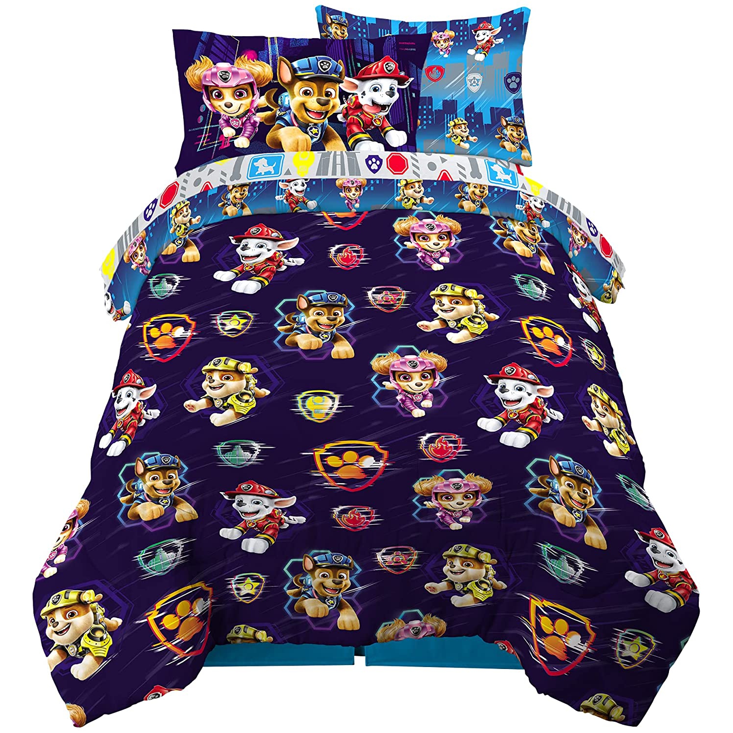 Paw Patrol Bright Light Pups Chase Marshall Rubble Skye Kids Bedding Sheet Set with Reversible Comforter Twin Bed in Bag 4 pcs Set