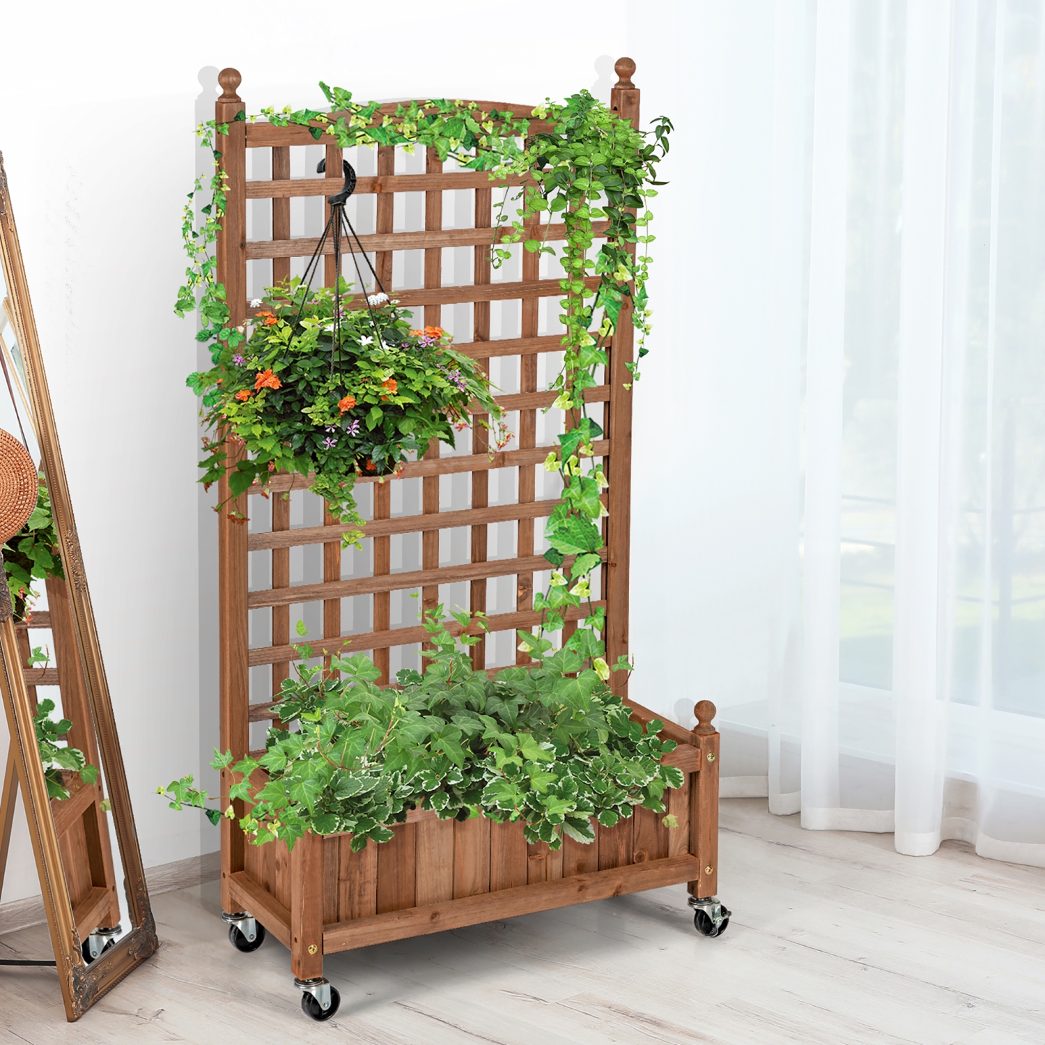 Costway 50in Wood Planter Box w/Trellis Mobile Raised Bed for Climbing Plant