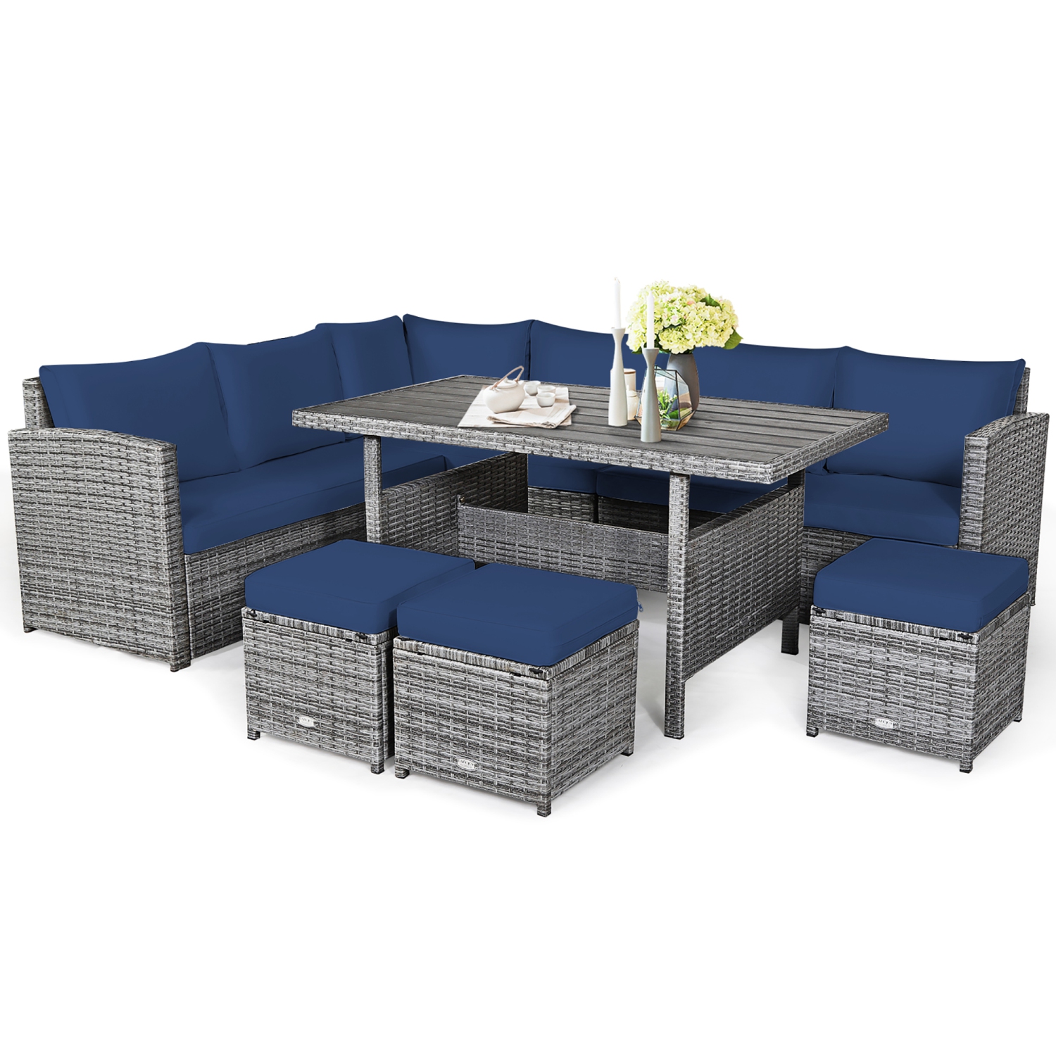 Ensemble patio de 7 pièces avec ensemble de salle à manger et canapé modulaire et pouf de patio en rotin de Costway, bleu marine