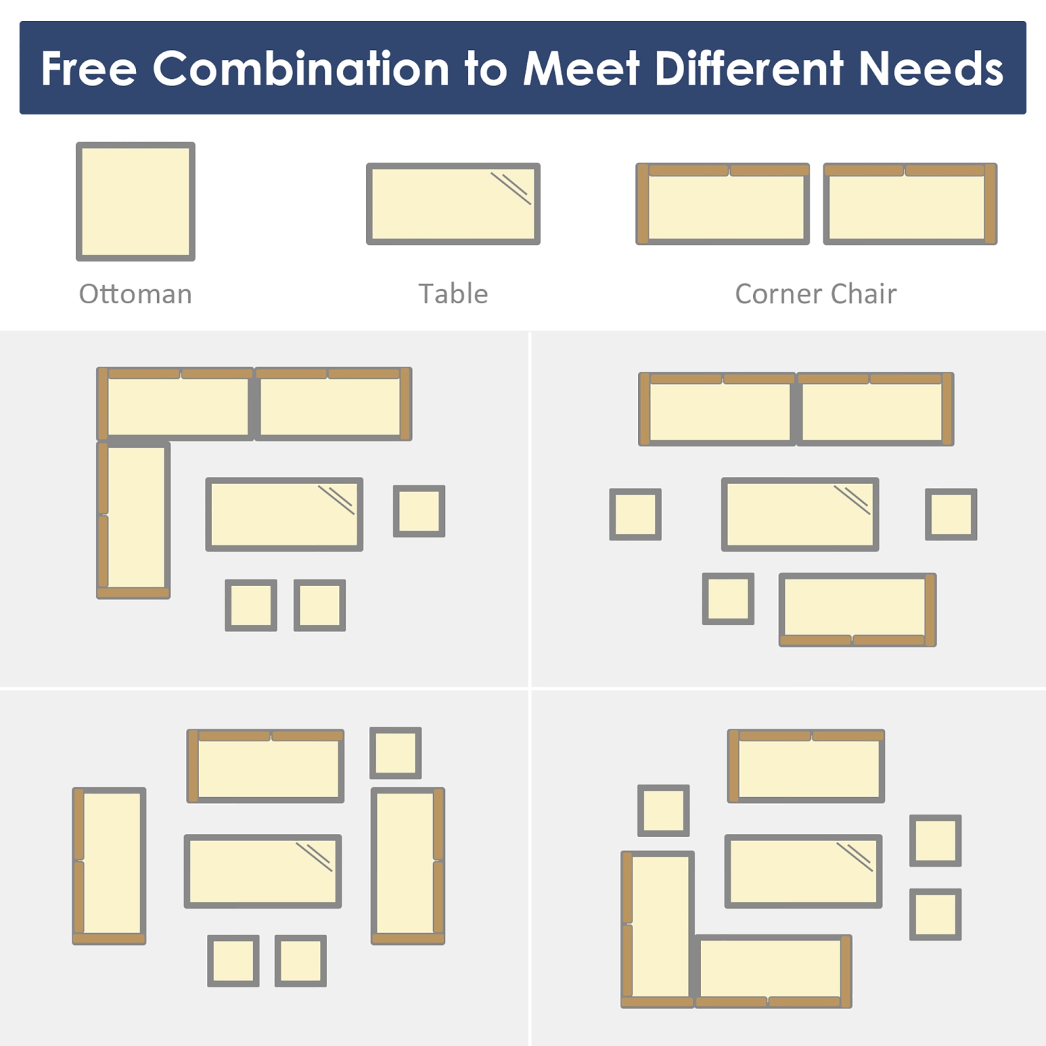 Ensemble patio de 7 pièces avec ensemble de salle à manger et canapé modulaire et pouf de patio en rotin de Costway, bleu marine