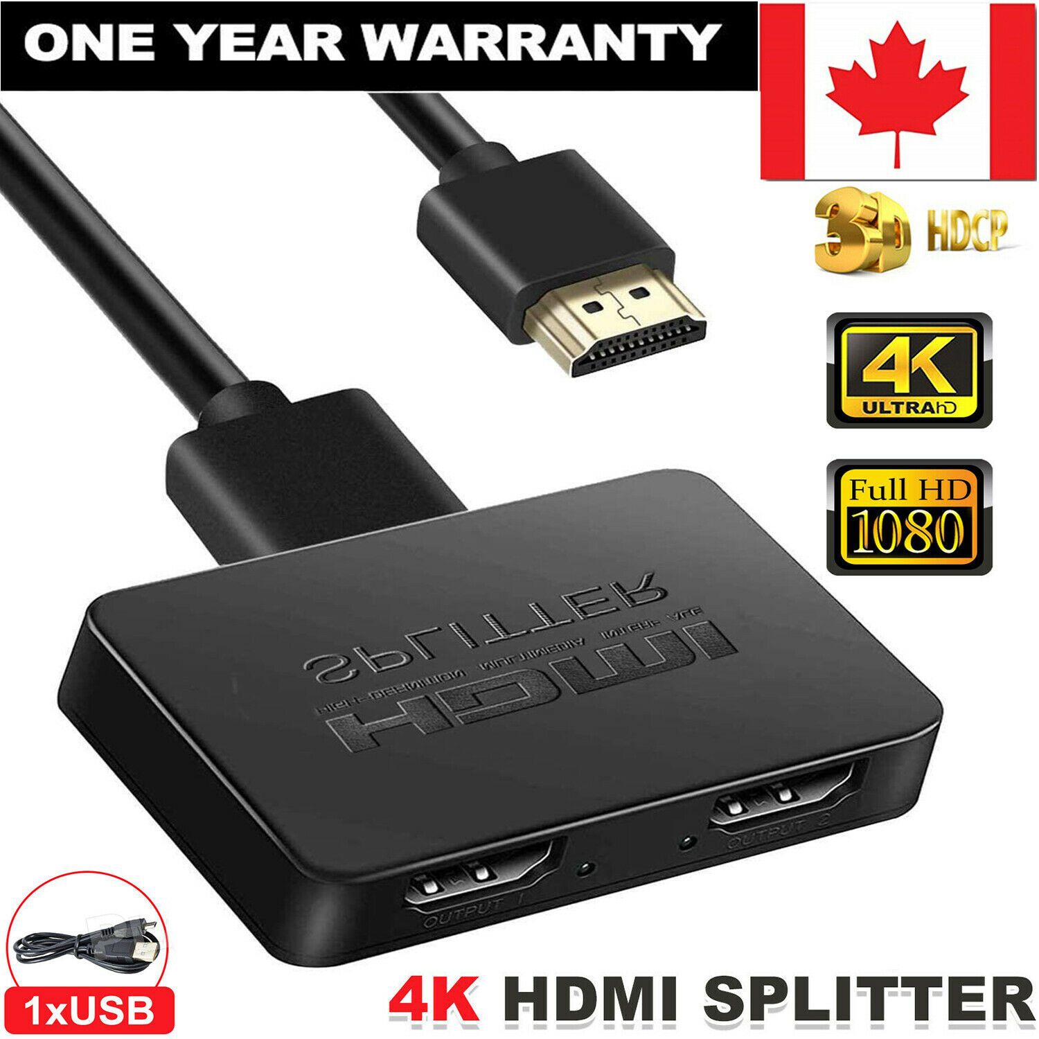 Premium HDMI 1In 2Out 1080P 4K 1X2 HDCP Stripper Splitter Power Signal Amplifier