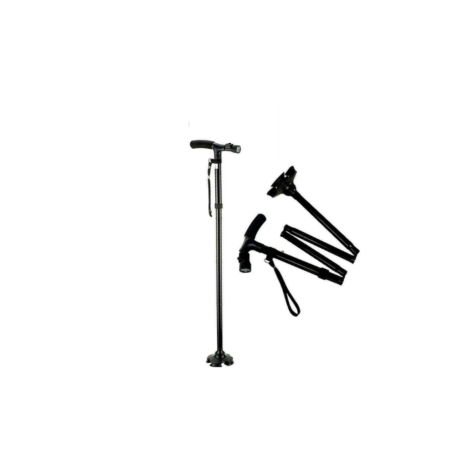 Walking Stick Cane Folding With Light LED Strap Handle Black Metal Adjustable CA