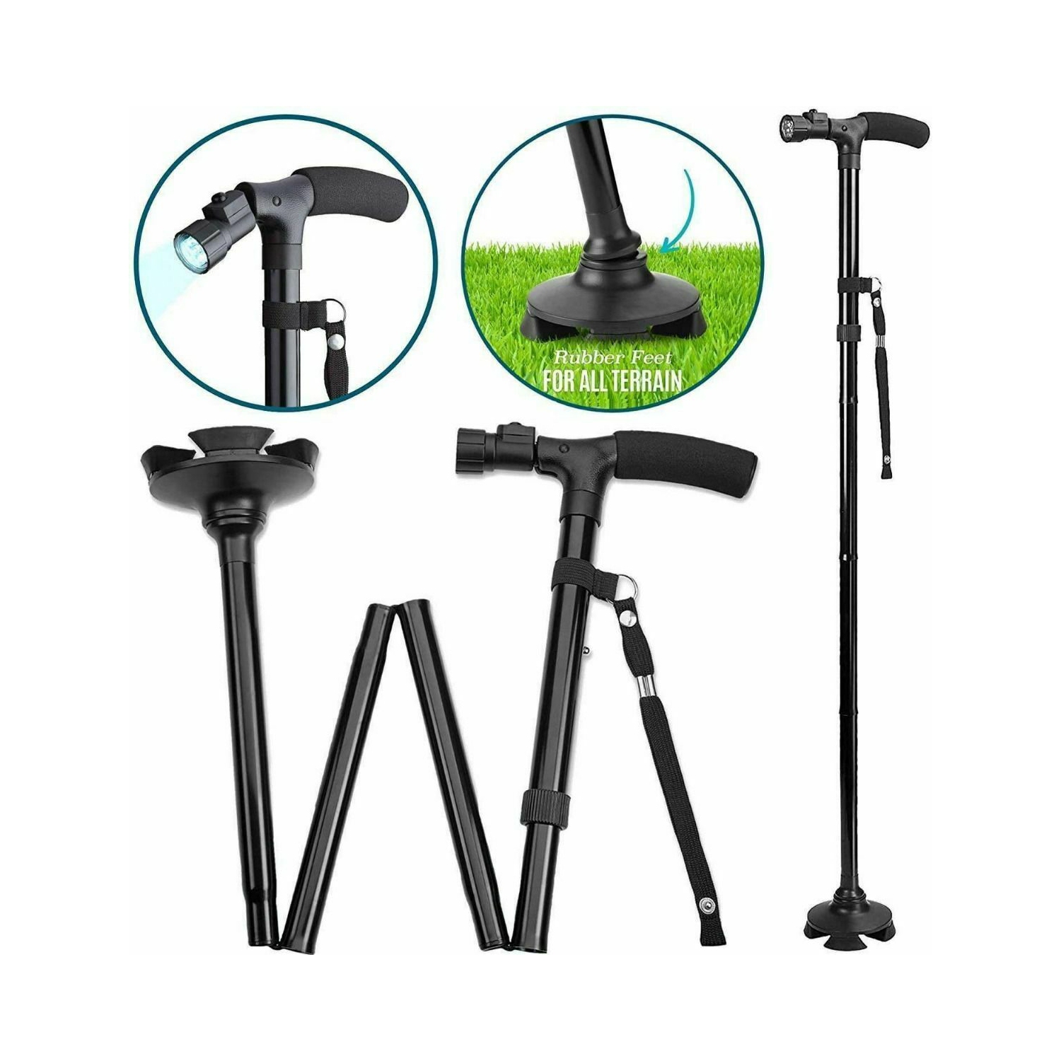 Walking Stick Cane Folding With Light LED Strap Handle Black Metal Adjustable CA