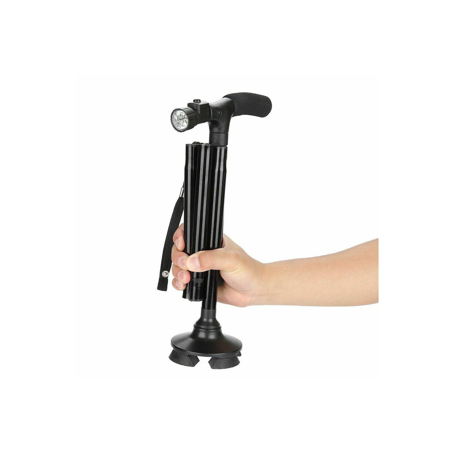 Walking Stick Cane Folding With Light LED Strap Handle Black Metal Adjustable CA