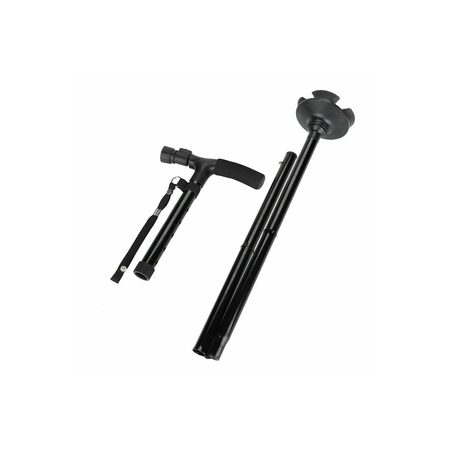 Walking Stick Cane Folding With Light LED Strap Handle Black Metal Adjustable CA