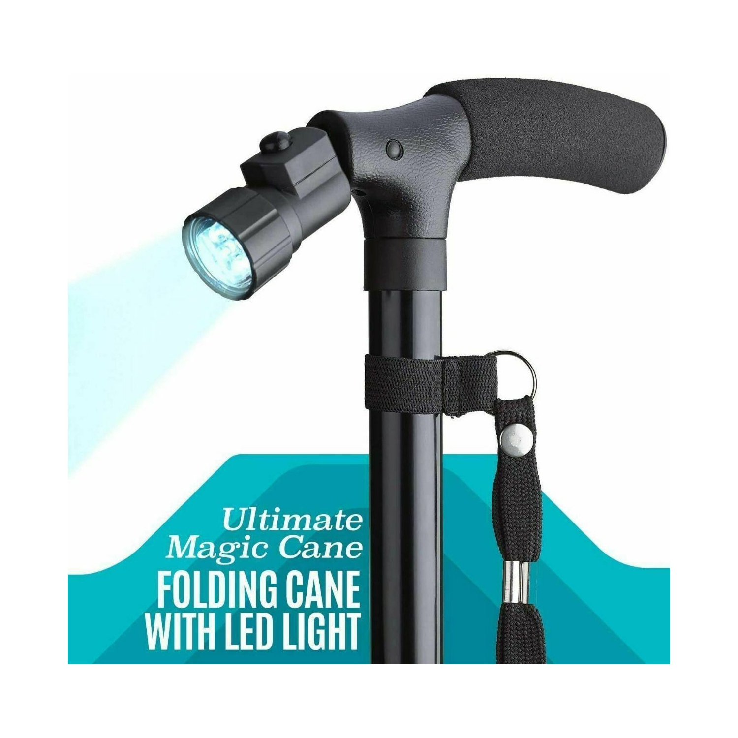 Walking Stick Cane Folding With Light LED Strap Handle Black Metal Adjustable CA