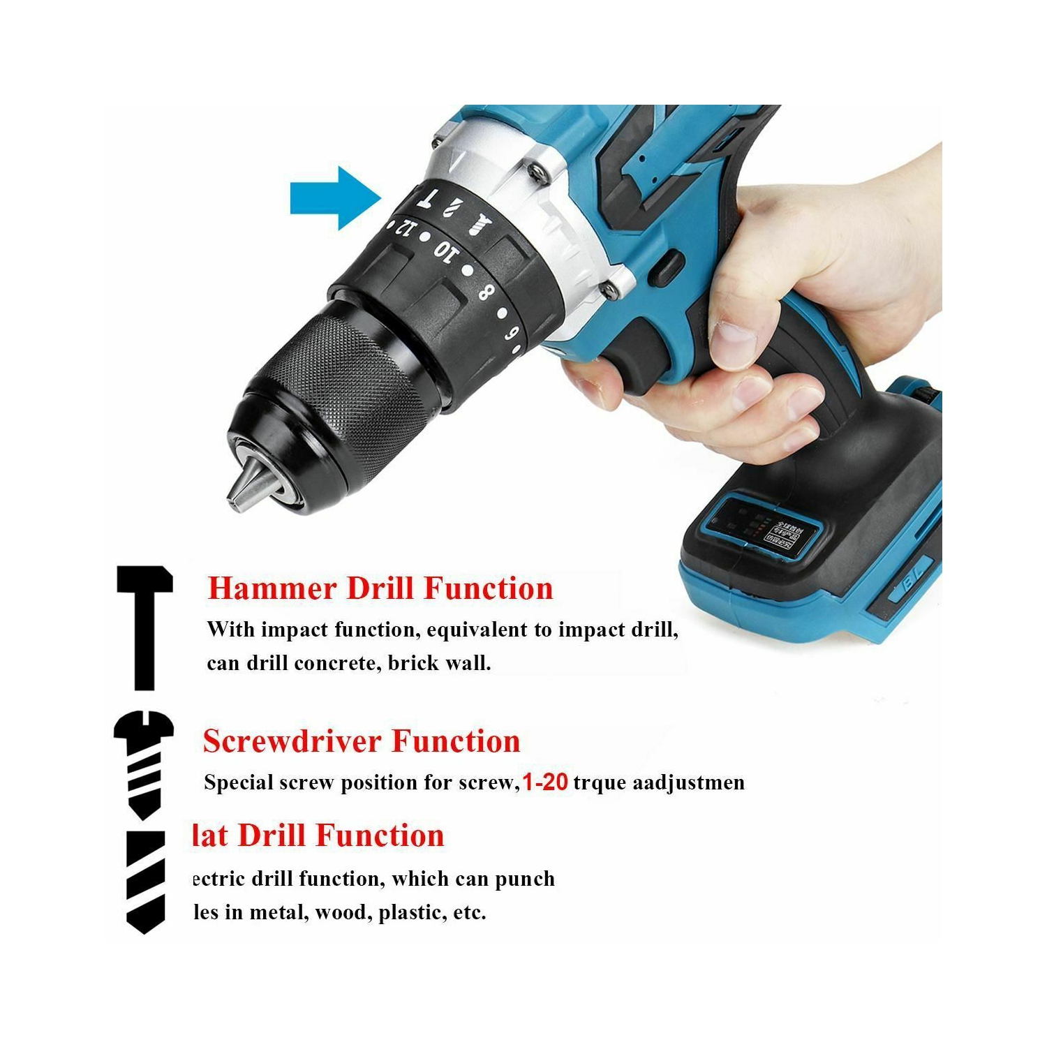 Electric Drill High-power 18V Battery 3 in 1 Brushless Multi-Function Drill Set