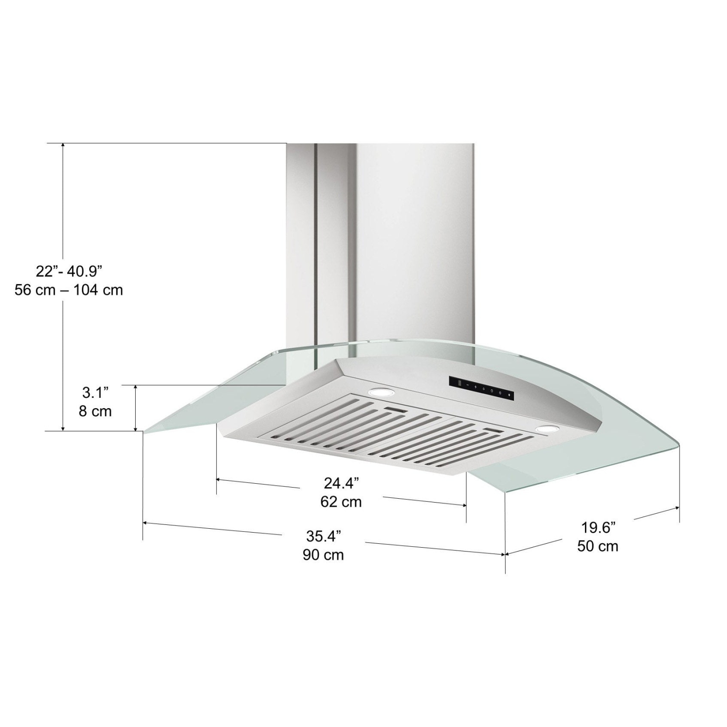 Ancona GCL636 hotte de cuisine à auvent en verre de 36" avec veilleuse en acier inoxydable