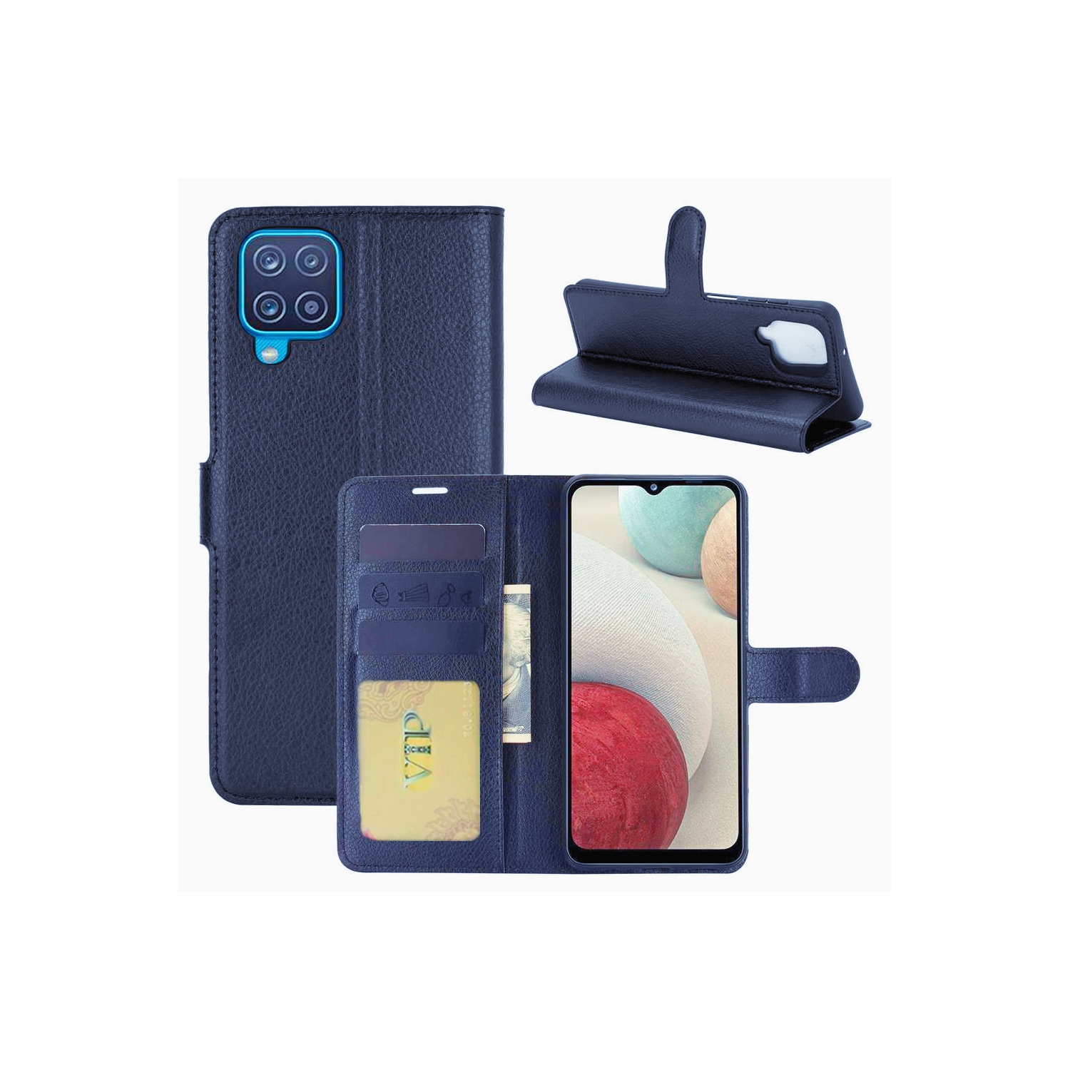 【CSmart】 Magnetic Card Slot Leather Folio Wallet Flip Case Cover for Samsung Galaxy A12 / M12 / F12, Navy