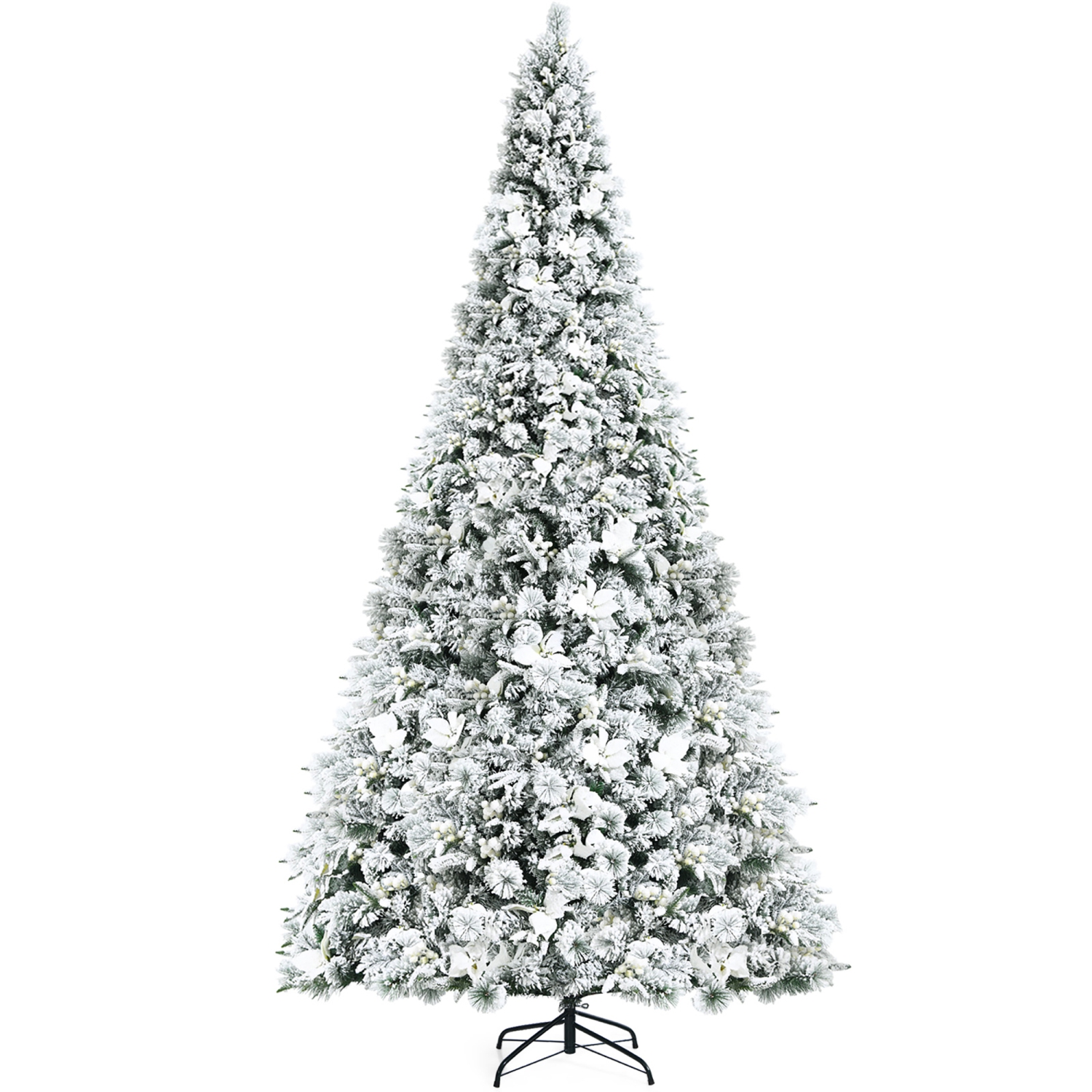 Costway 8ft Snow Flocked Hinged Christmas Tree w/ Berries & Poinsettia Flowers
