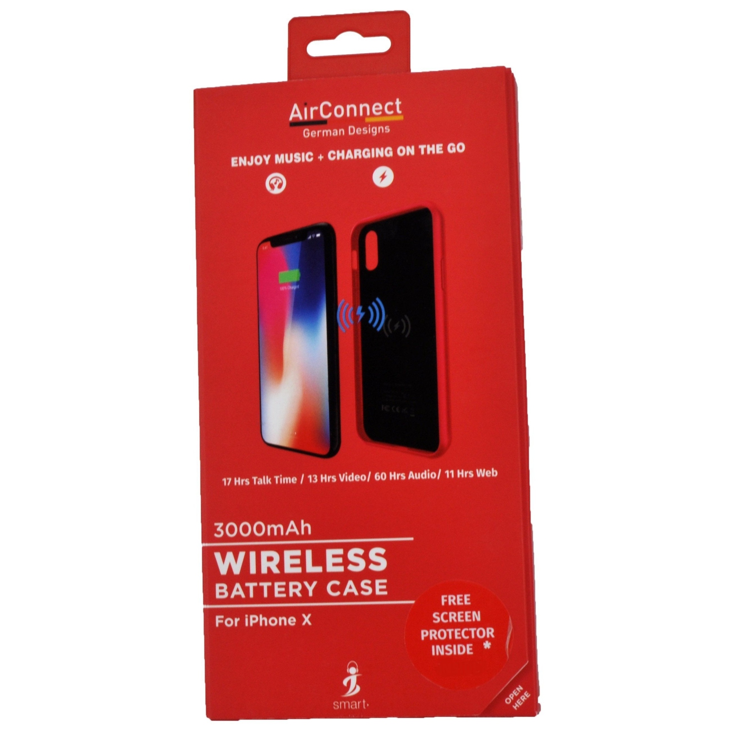 SAMA-Air Connect Wireless Battery Case for iphone X 3000 mAh & Free Screen Protector - Red