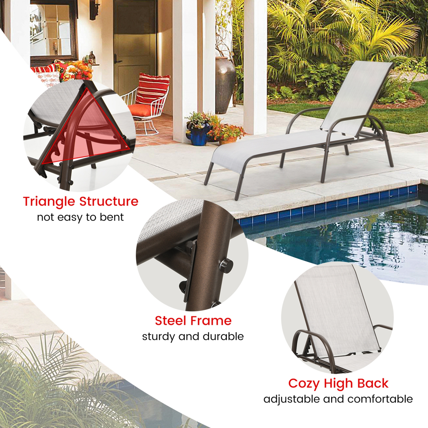 Gymax Adjustable Chaise Lounge Chair Recliner Patio Yard Outdoor w/ Armrest Grey