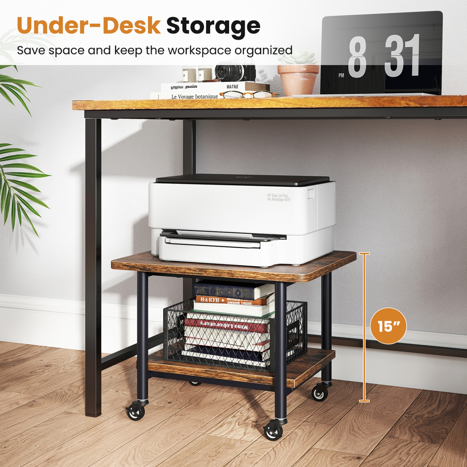 Gymax Under Desk Printer Stand 2-Tier Mobile Printer Table w/ Storage Shelf Lockable Wheels