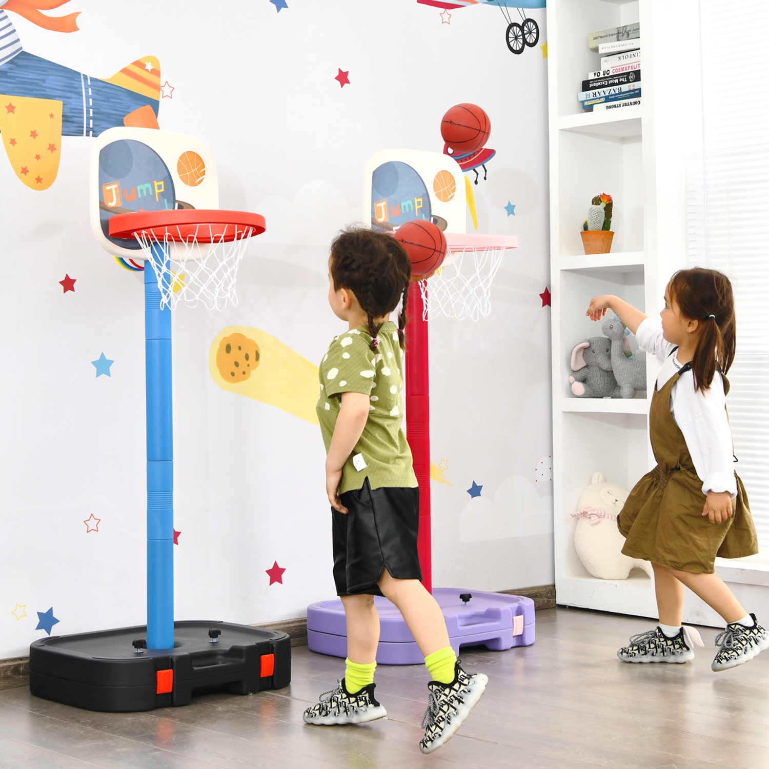 Gymax Portable 2 in 1 Kids Basketball Hoop Stand w/ Ring Toss & Storage Box